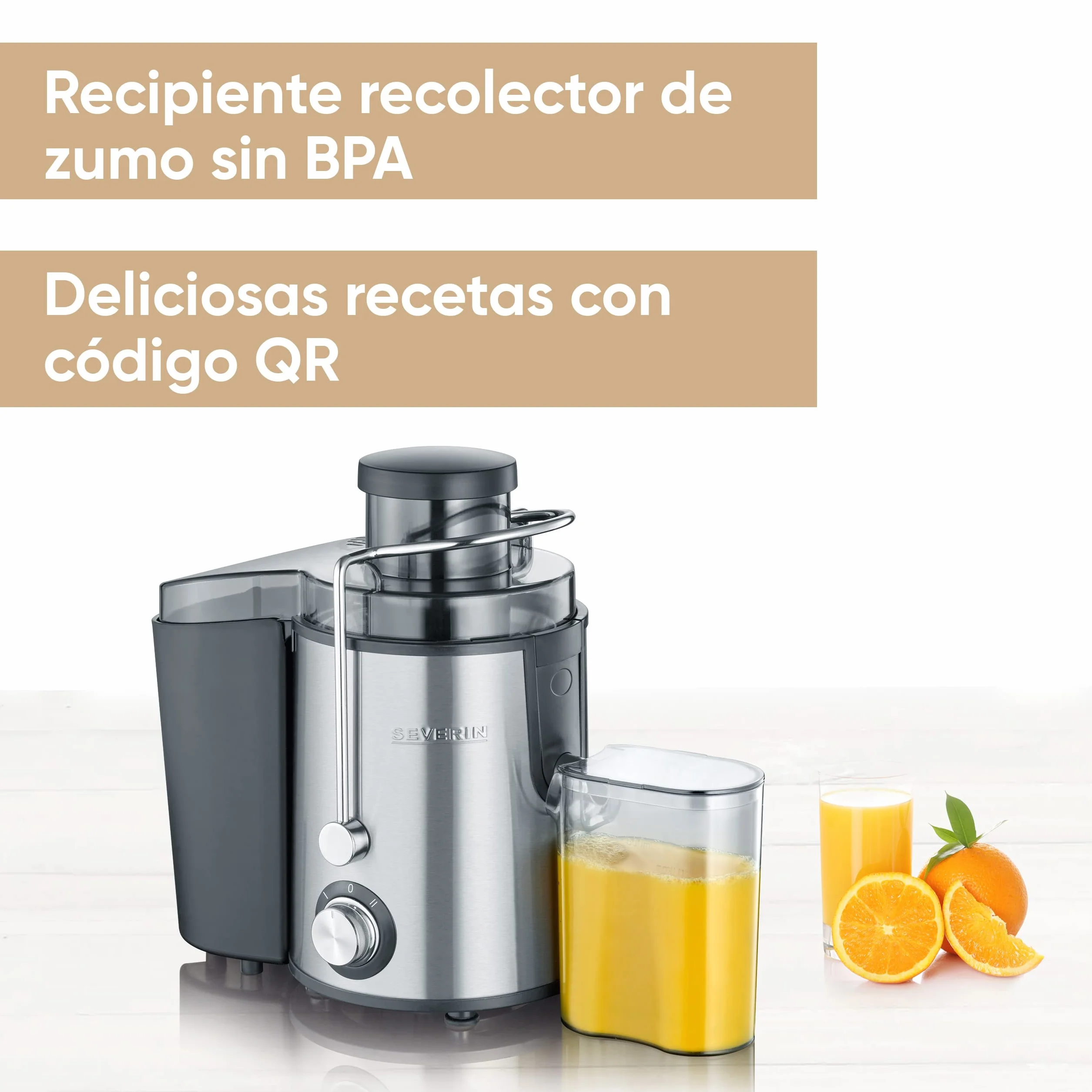 SEVERIN Licuadora para verduras y frutas ricas en vitaminas, extractor de zumo silencioso, licuadora eléctrica de acero con recipiente recolector de 500 ml, plateado/negro, ES 3566