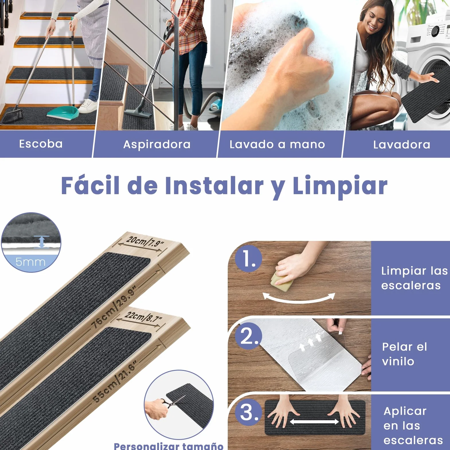 Alfombrillas para Escaleras Antideslizantes, 15 Alfombrillas Autoadhesivas Escalones Interiores, Recortables y Reutilizables - Protección para Mascotas, Mayores, Niños (Gris Oscuro, 76x20 cm)