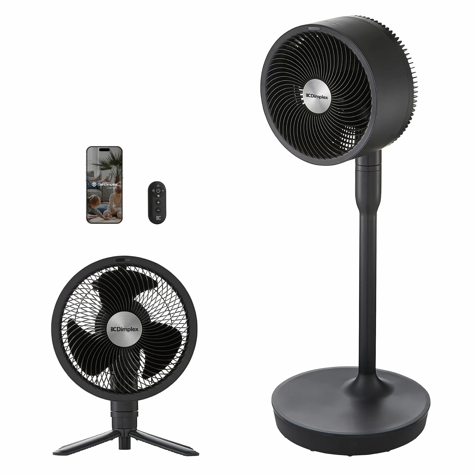Dimplex DUOCOOL ventilador inteligente inalámbrico 2 en 1, de pie y mesa, batería 45h, 5 velocidades + turbo, alcance 20m, silencioso: 36dB, app, Google Home y Alexa, mando a distancia, negro