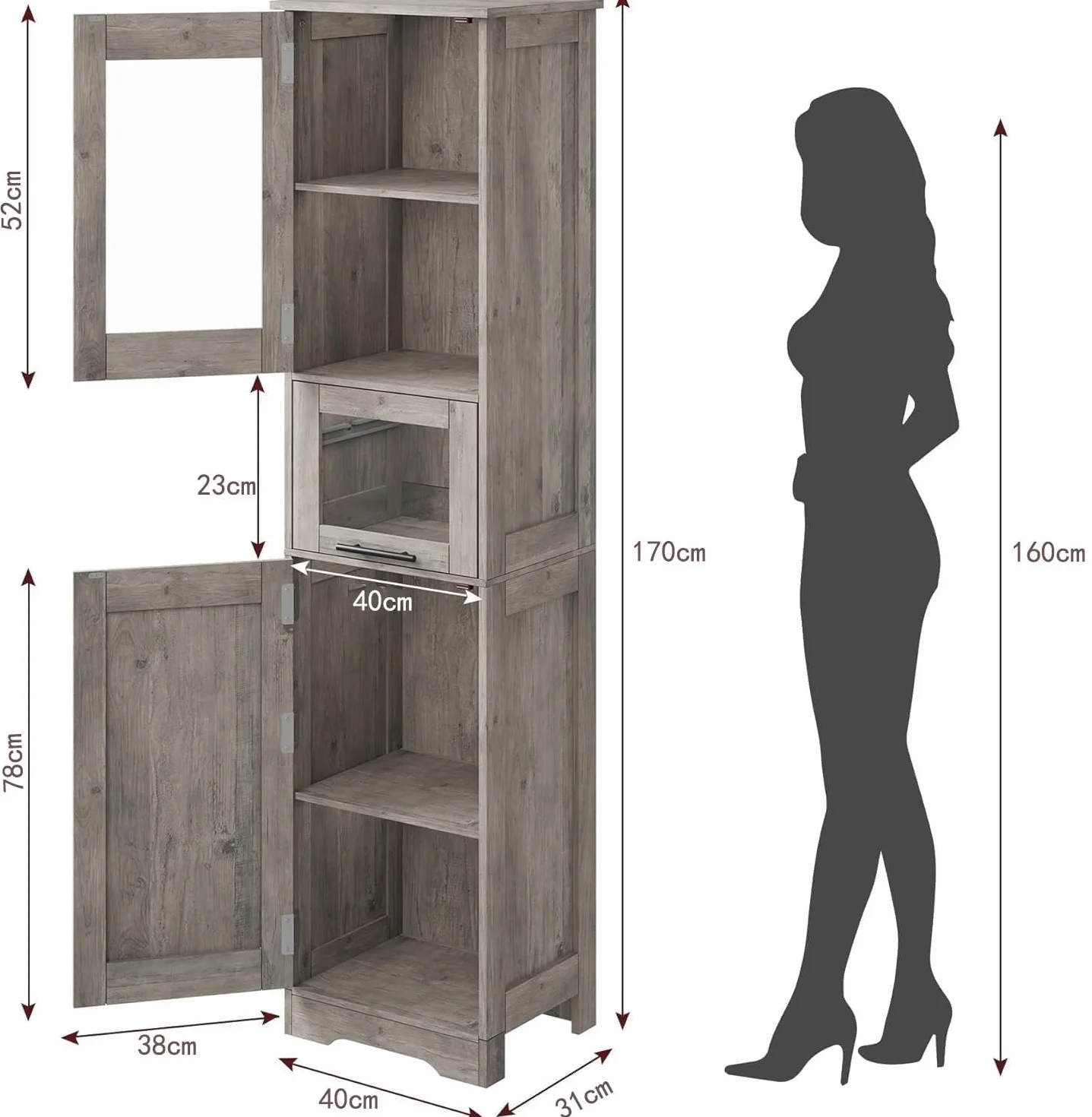 Armario Baño Alto Estrecho 40×31×170 cm Gris Mueble con Puertas y Estante Ajustable