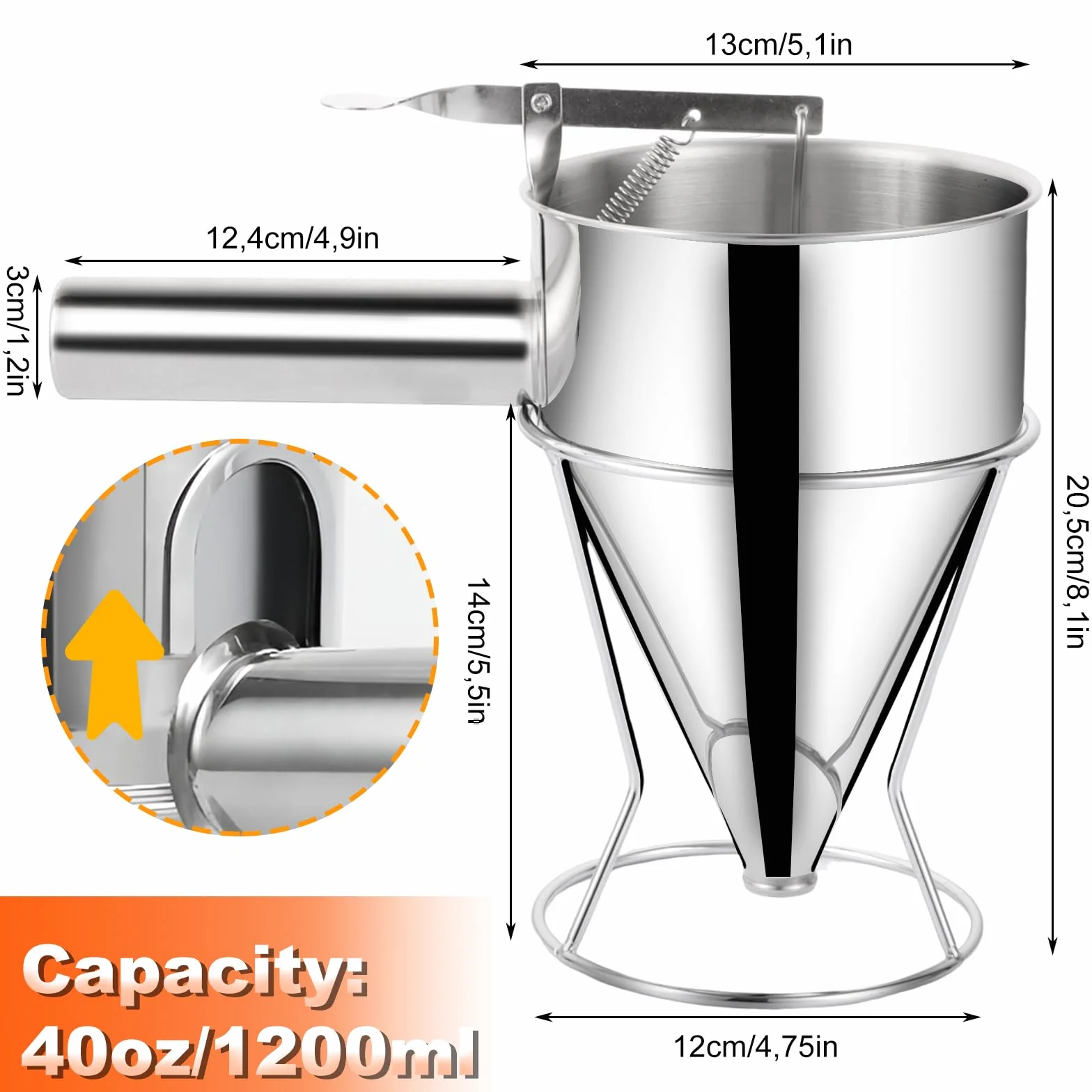 Embudo Dosificador de Masa Acero Inoxidable 1200ml, Dispensador de Tortitas con 4 Boquillas