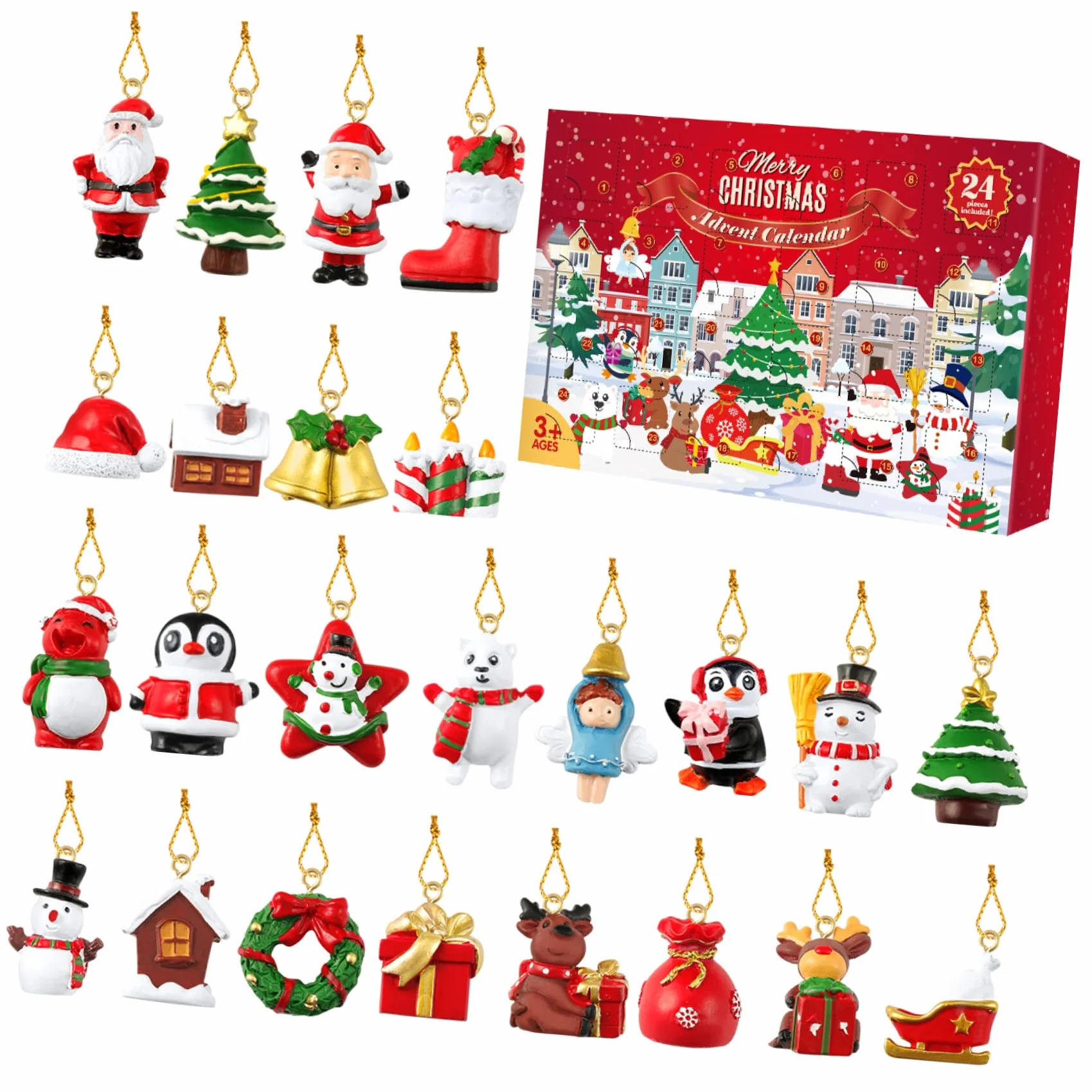 Calendario de Adviento Navideño con 24 Adornos Colgantes de Resina para Decorar Árboles y Habitaciones con Función de Cuenta Regresiva