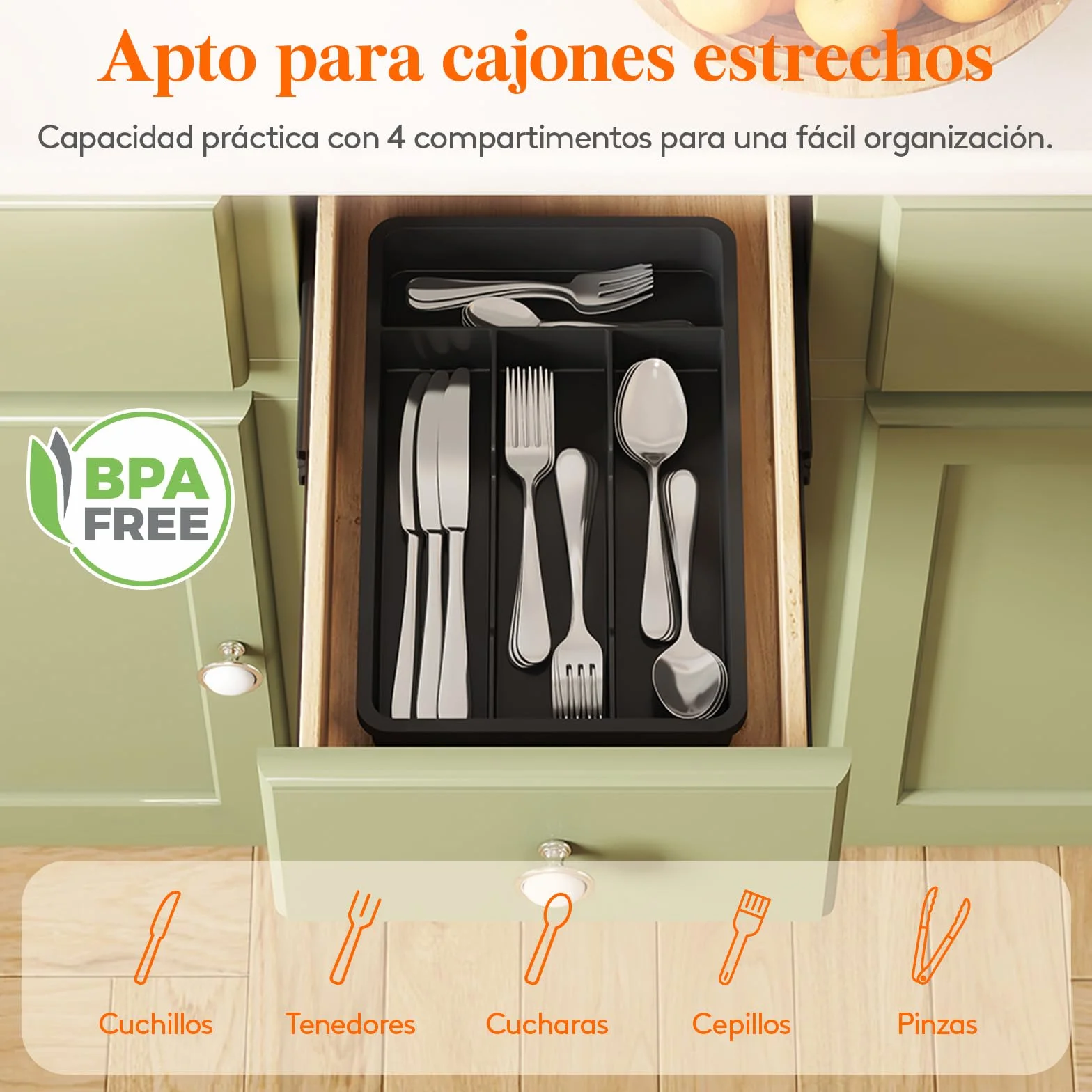Lifewit Bandeja para Cubiertos 4 Compartimentos 19,8x31,5 cm Organizador Cajón Cocina Plástico Negro