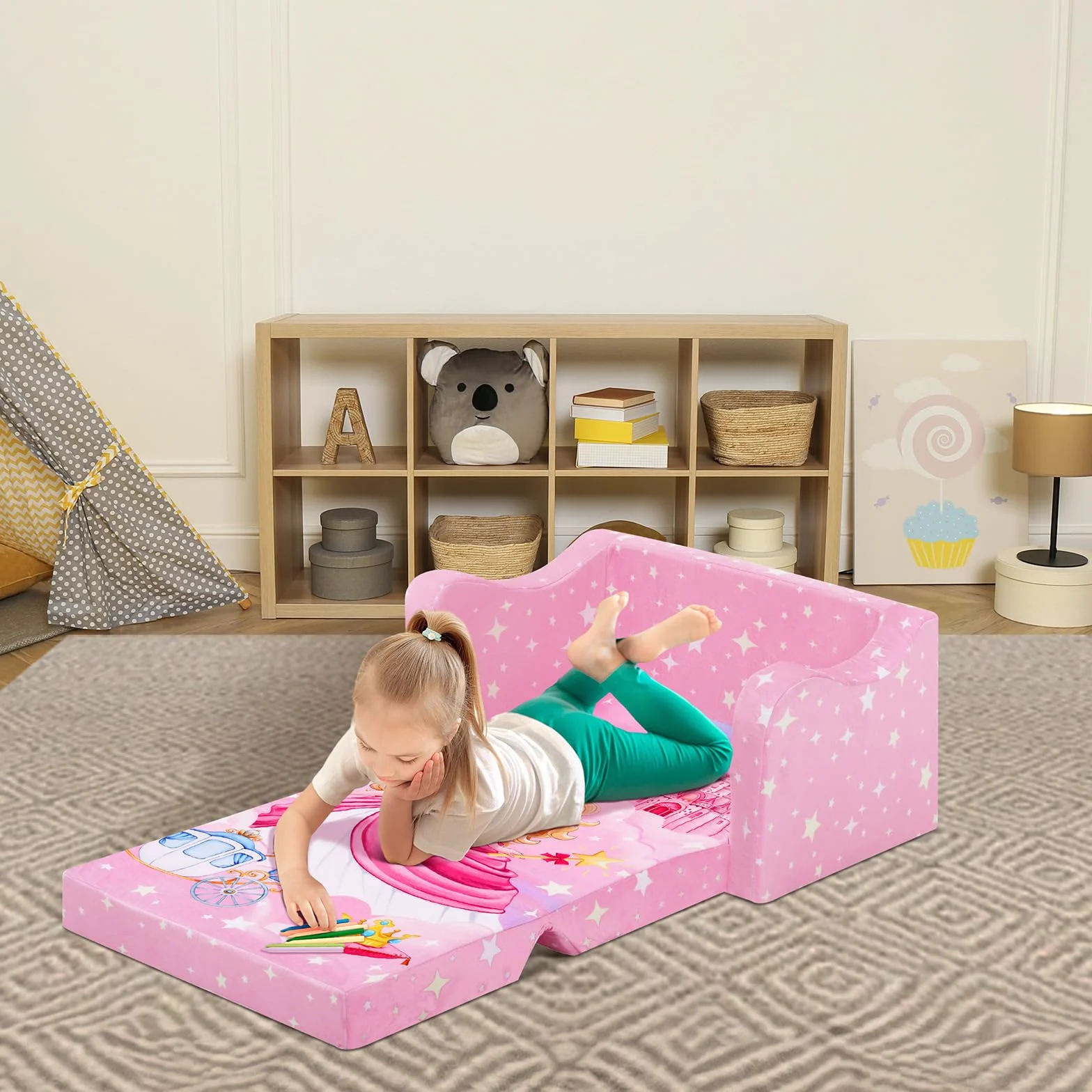 Convertible Sofa para Niños 2 en 1, Suave Cómoda Sofa para Niñas y Niños, Estable Silla Plegable Niño para Dormitorio Sala de Juegos,Rosa Princesa