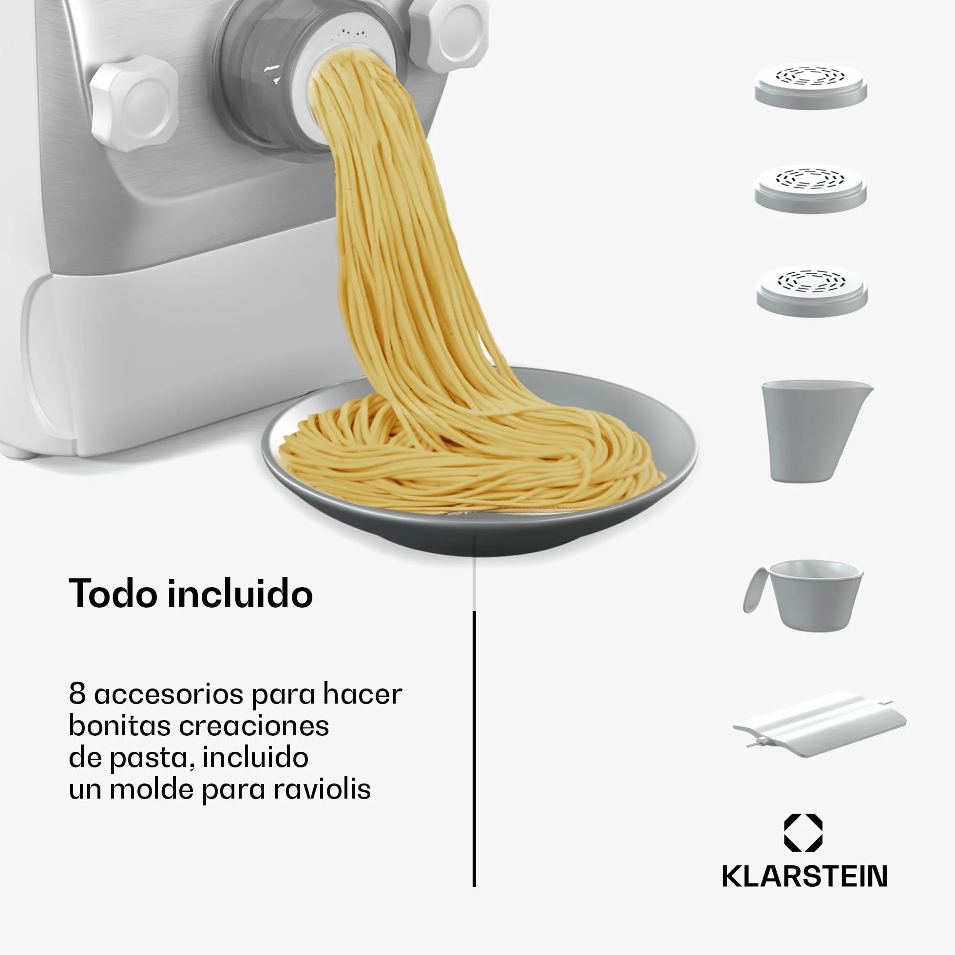 Klarstein Pastamania Nudelmaschine Elektrisch – 260 W Vollautomatische Pastamaschine mit 7 Aufsätzen, 500 g Kapazität, Leise (60 dB), LED-Anzeige, Weiß