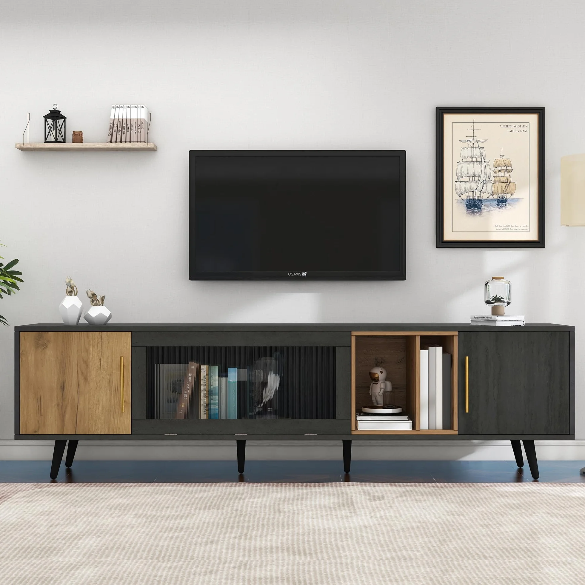 Mueble para TV de 200 cm, Soporte para TV de 90 Pulgadas con 2 Puertas, Armario Bajo con Puertas de Cristal Plegables y Espacio de Almacenamiento para Salón Dormitorio, Gris