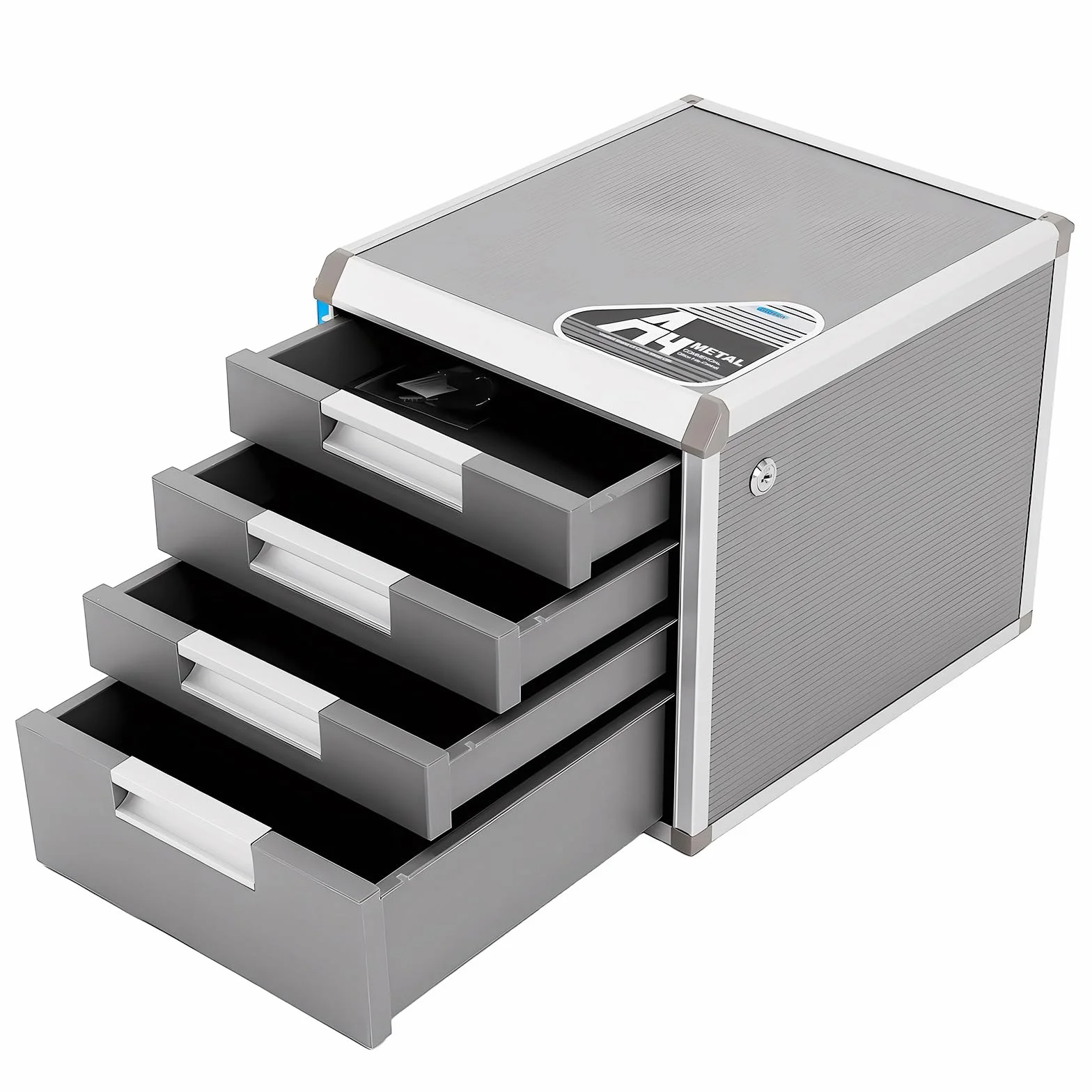 Organizador De Archivos Escritorio con Cerradura Cajones Gabinete De Almacenamiento Documentos A4, Archivador Sobremesa de 4 Niveles (3 Cajones Pequeños + 1 Grandes) para Oficina y Hogar