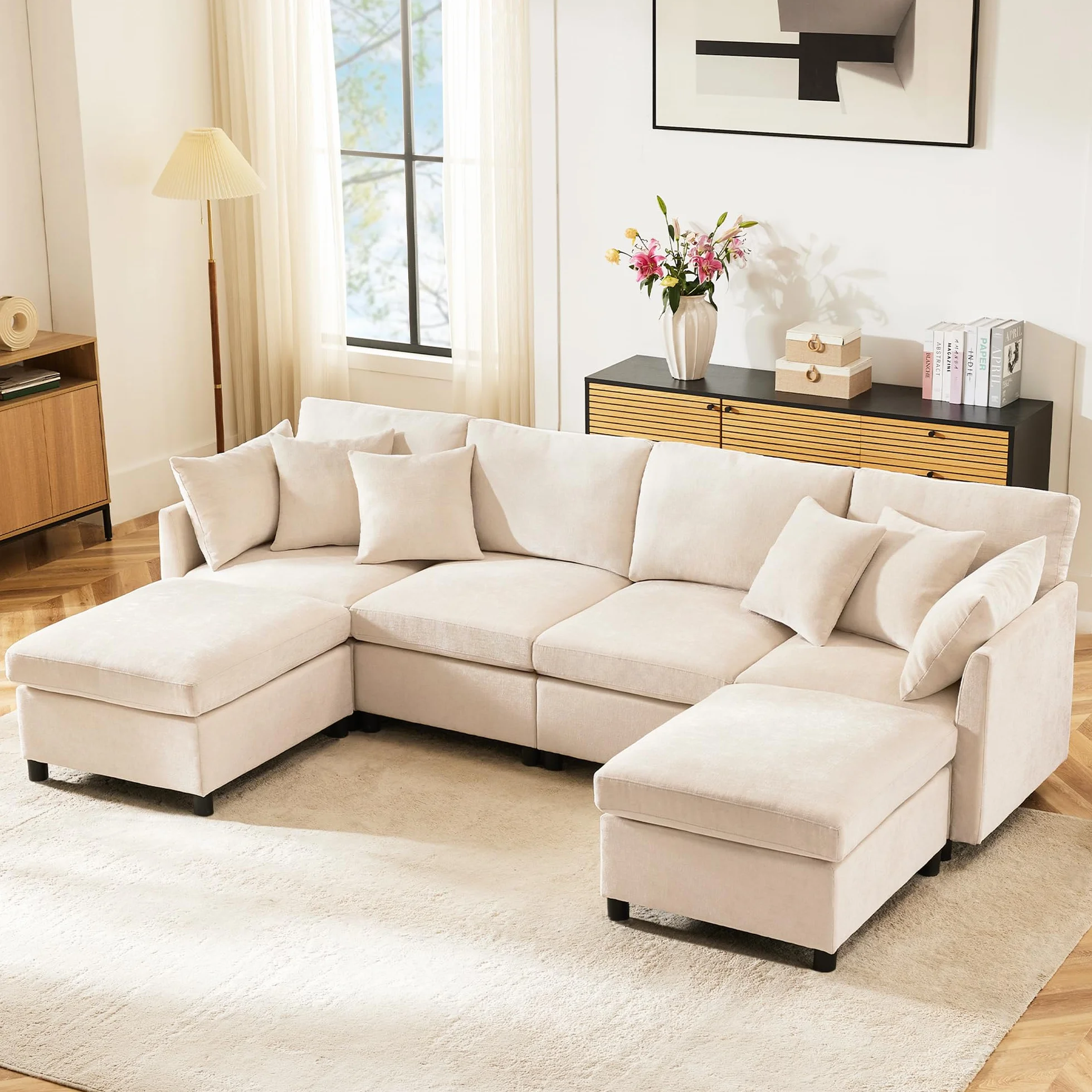 Mrwoo Sofá Cama en L Modular, 4 Plazas con Reposapiés, Extensible para Dormir, 6 Cojines, Sofa para Salón/Dormitorio/Apartamento, Chenilla, Color Beige