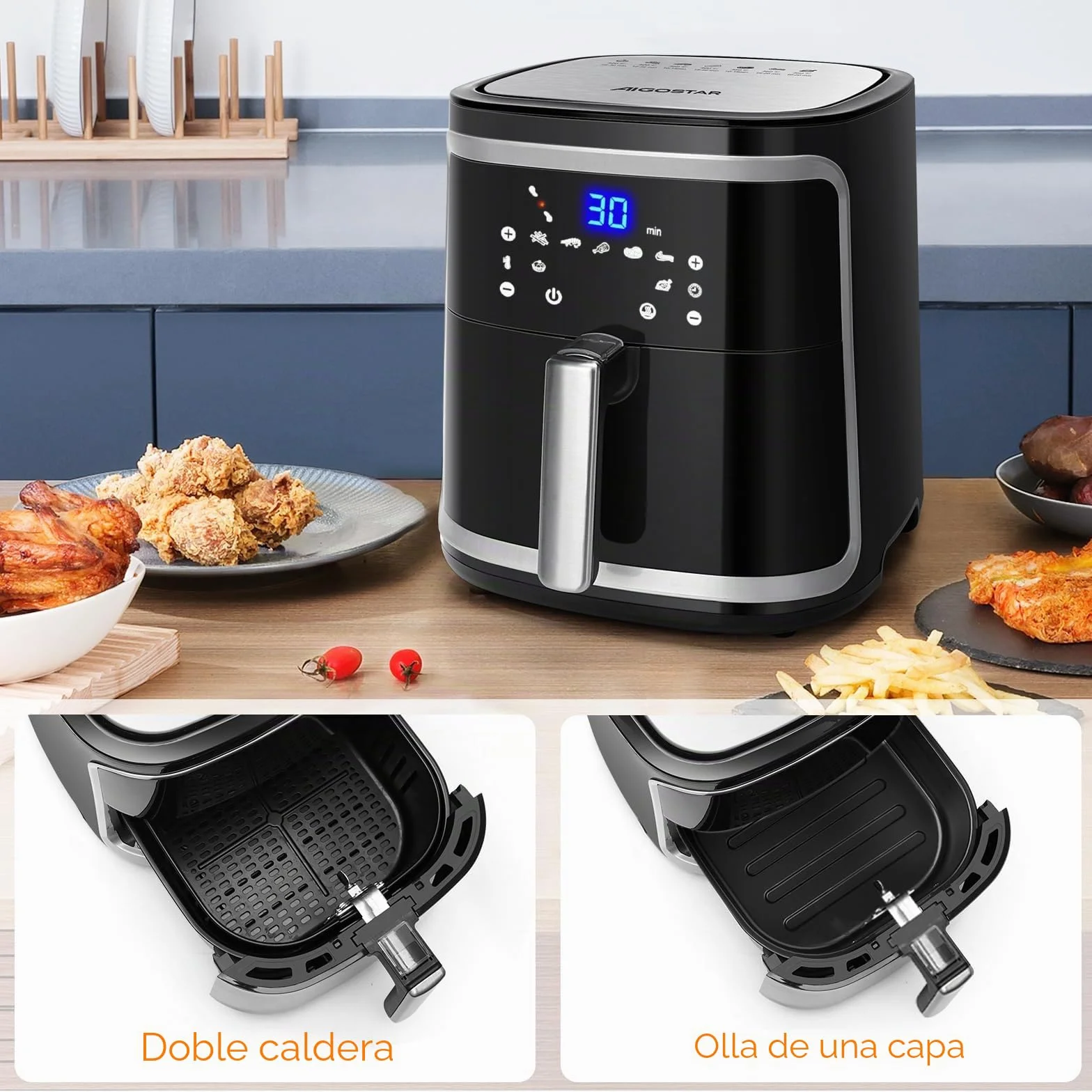 Aigostar Cube - Freidora de aire XXL, 1900W, 7L Air fryer. Libro de recetas incluido, panel LED táctil. Doble uso: con cesta o cajón. 7 funciones preestablecidas + mantener caliente, Sin BPA.
