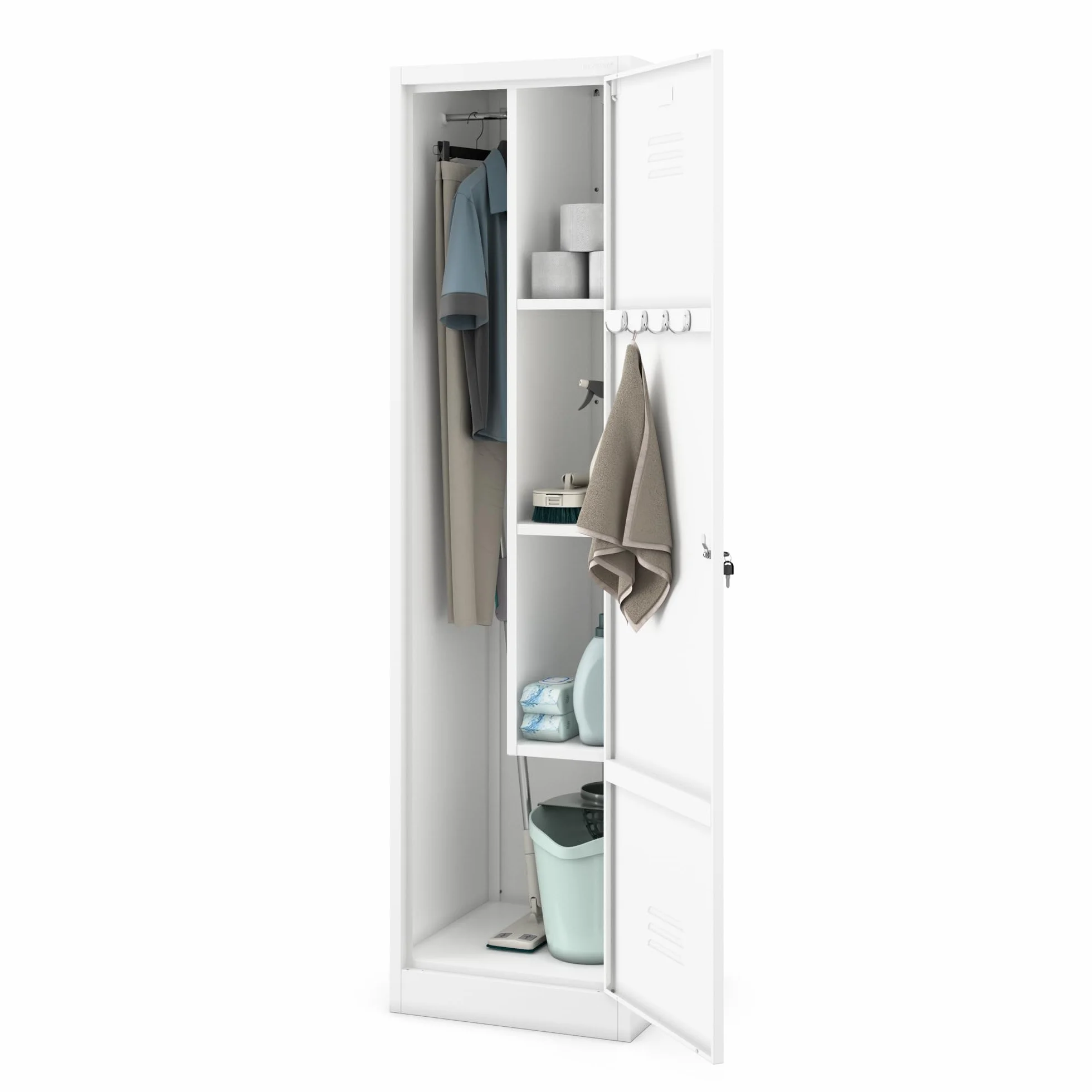 Jan Nowak Agnes - Armario para escobas (Metal, 50 x 185 x 50 cm, Multiusos, con estantes y Barra para Ropa, Cerradura, ventilación, Estrecho, 50 cm de Ancho) (Bianco)