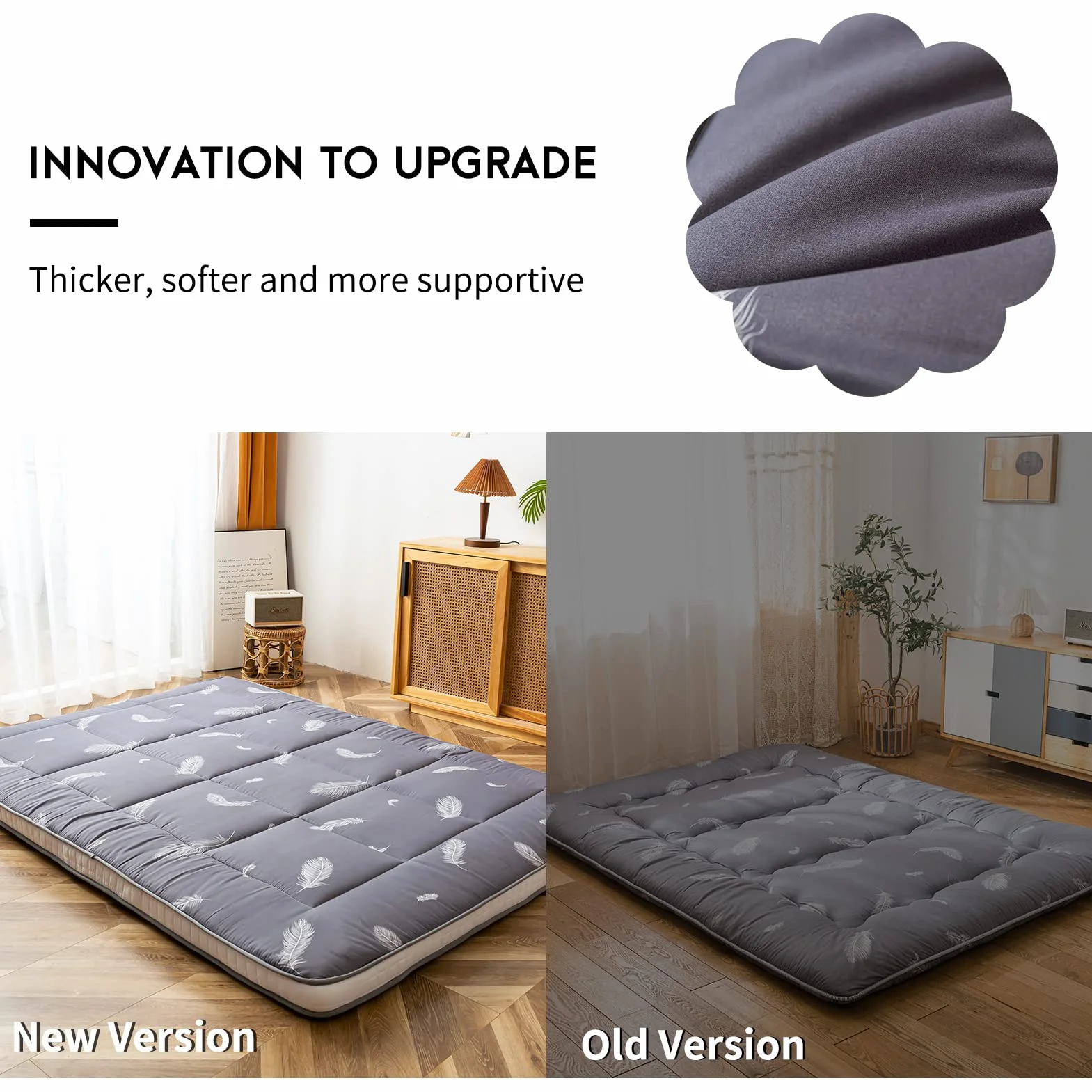 MAXYOYO Colchón de futón, colchón japonés acolchado, cubrecolchón de cama, extra grueso, plegable, transpirable, tumbona de suelo, cama de invitados para sofá de campamento (pluma, King)