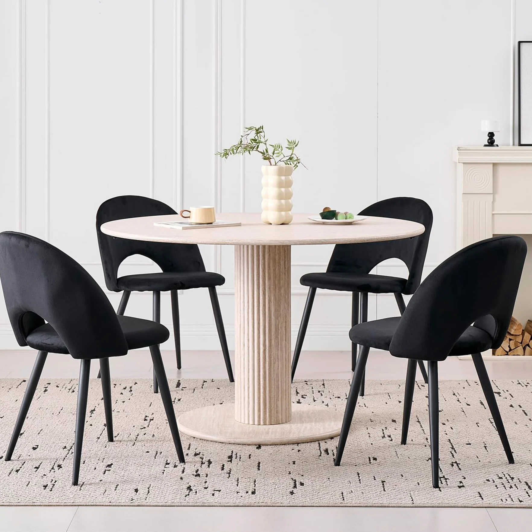 Juego de Mesa de Comedor Redonda con 4 Sillas, Conjunto Mesa (Textura de Travertino Amarillo) y Sillas de Comedor para Cocina, Restaurante y Oficina (Negro+Beige)