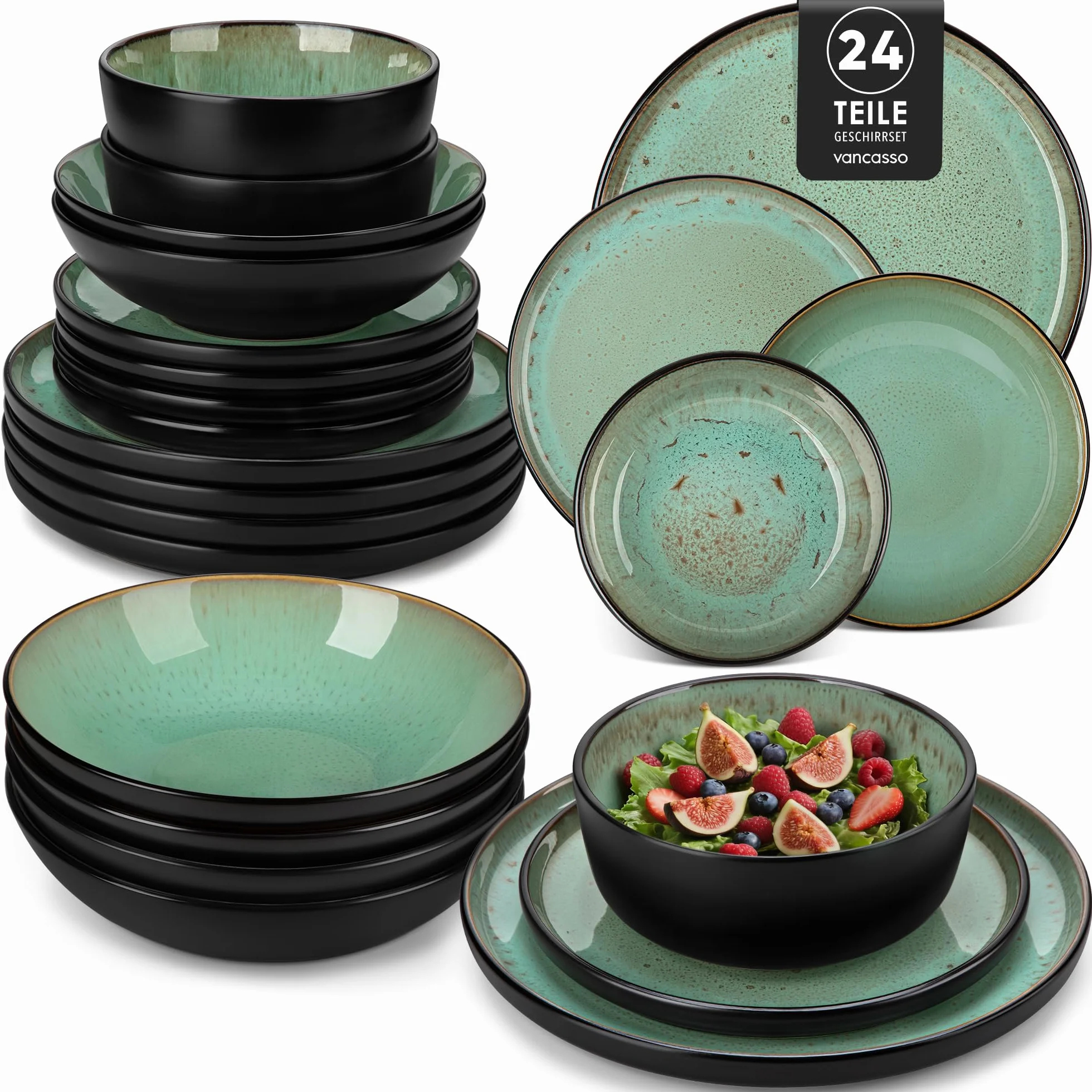 vancasso AMBER Juego de Vajilla Completo para 6 Personas, Plato Vajilla 24 Piezas de Gres - Platos Llanos, Platos de Postre, Ensaladeras y Cuencos - Apto para Lavavajillas, Esmalte Reactivo Verde