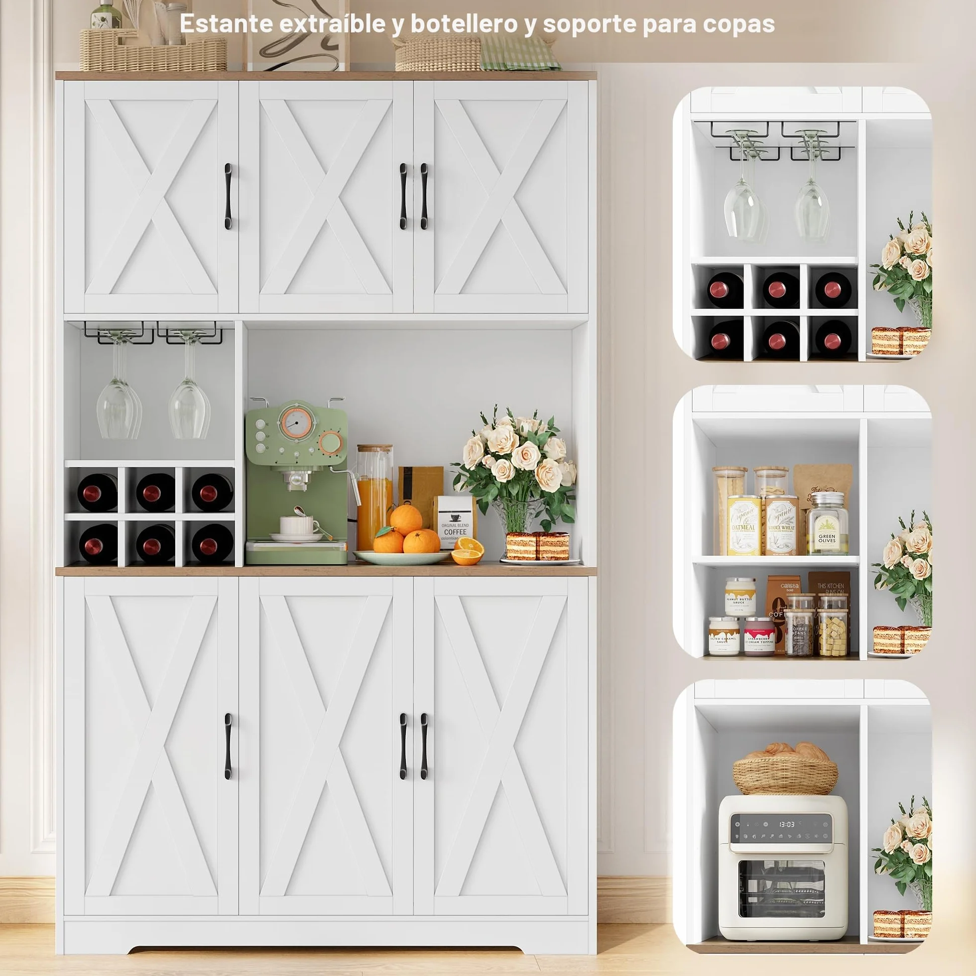 HOCSOK Alacena de Cocina，Armario con 6 Puertas, Soporte para Copas, Botellero Vino, Mueble de Cocina con Soporte para Microondas, para Comedor Y Sala De Estar, Blanco, 106x37x180 cm