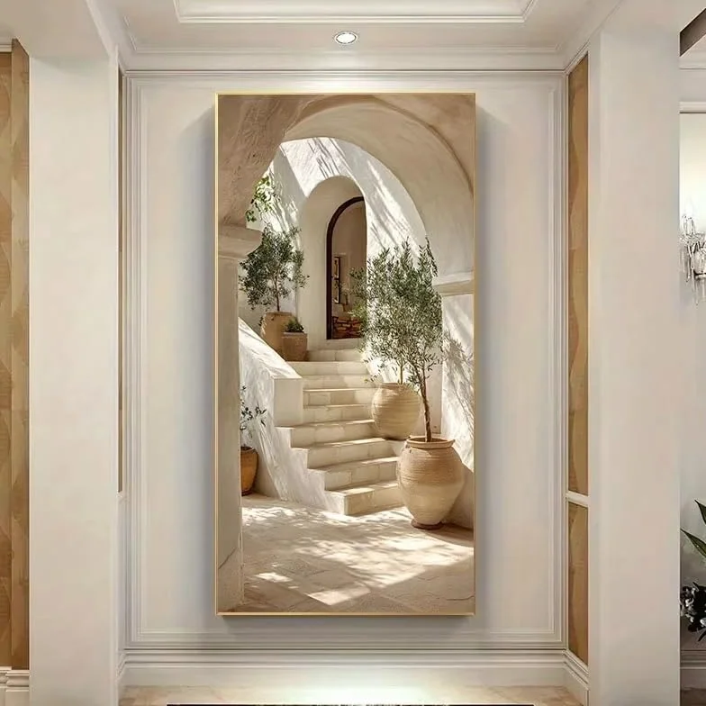 Lienzo con diseño de olivo mediterráneo de gran tamaño y escalones, moderno paisaje isleño en beige y blanco, póster artístico para pared para decoración del hogar 100x200cm/39x79in Sin marco