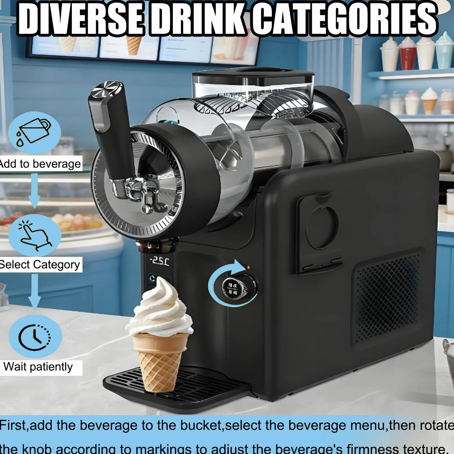 Máquina para Granizados,185 W,Máquina De Bebidas Frías De Sobremesa 5 En 1,Máquina Multifunción para Helados Suaves,con Limpieza Automática,5 Programas Preestablecidos para Batidos Black