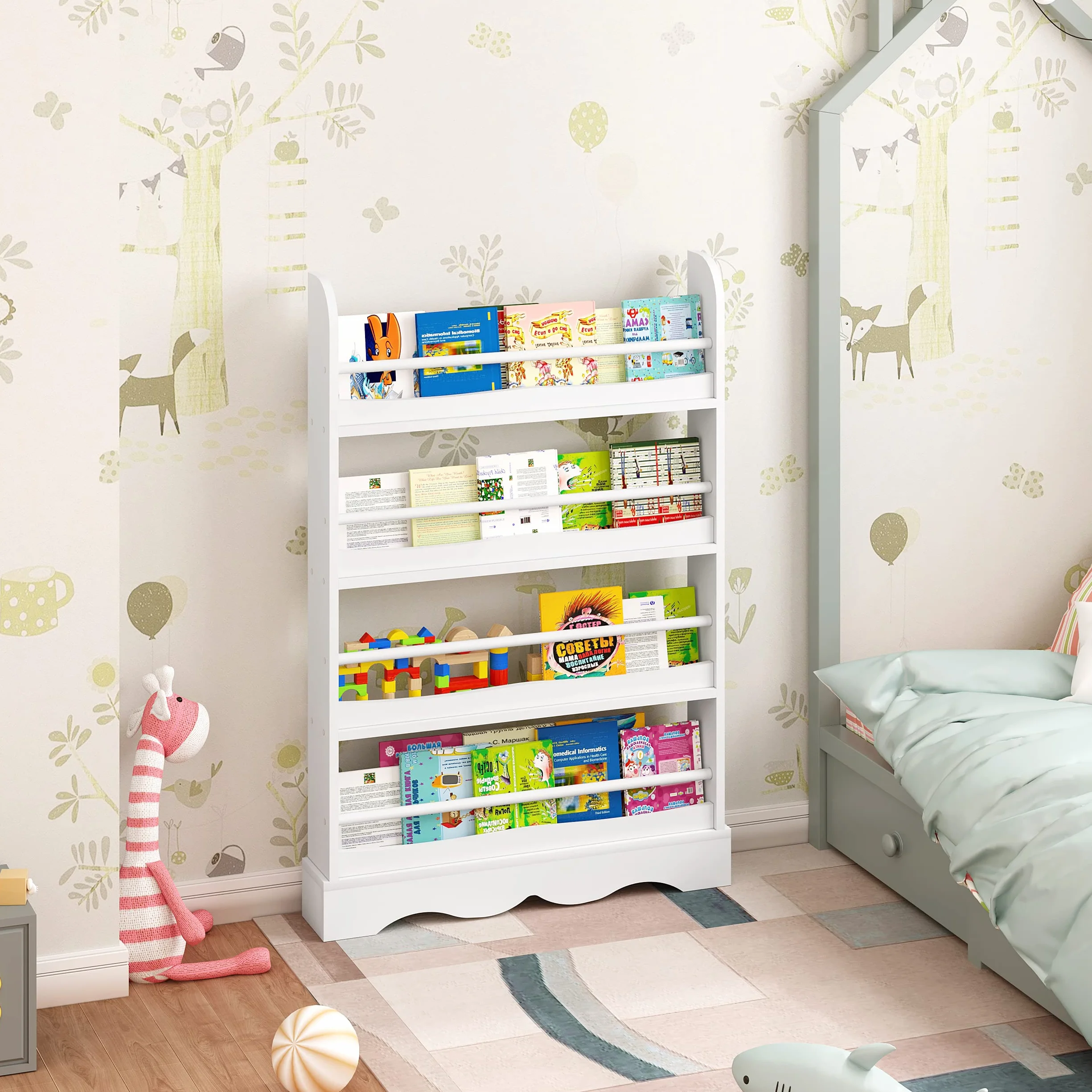 Lestarain Libreria Montessori para Niños, de 4 Estantes para Habitación Infantil, Sala de Juegos y Guarderia, Blanco, 80x12x118 cm