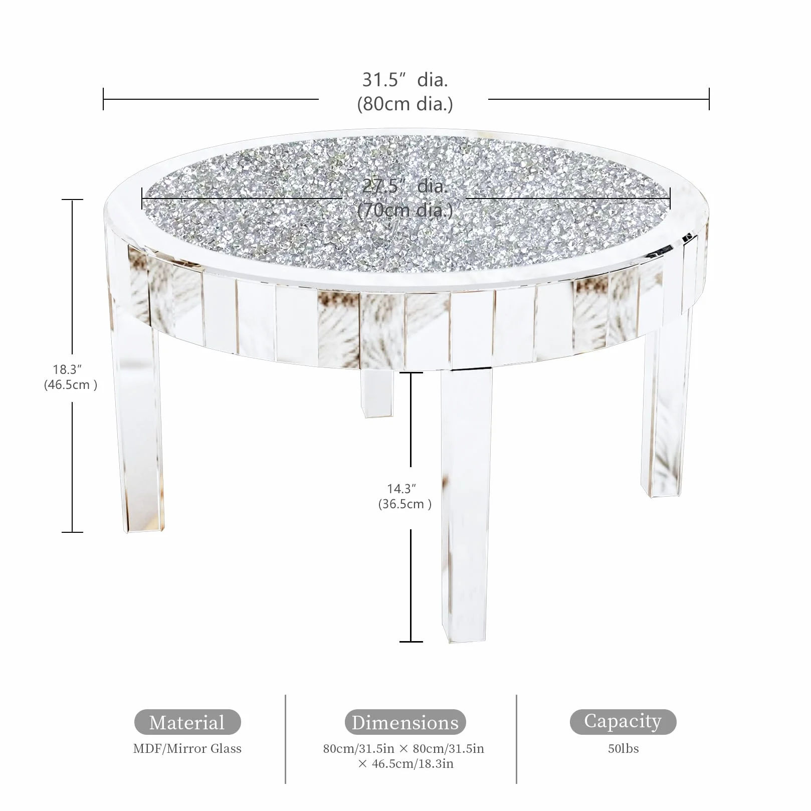 Mesa de Centro Redonda de Espejo y Diamantes: Mesa Cafe Baja Barroca Plateada Brillante Decorativas para Sofá Salón Habitacón Oficina 80x80x46cm
