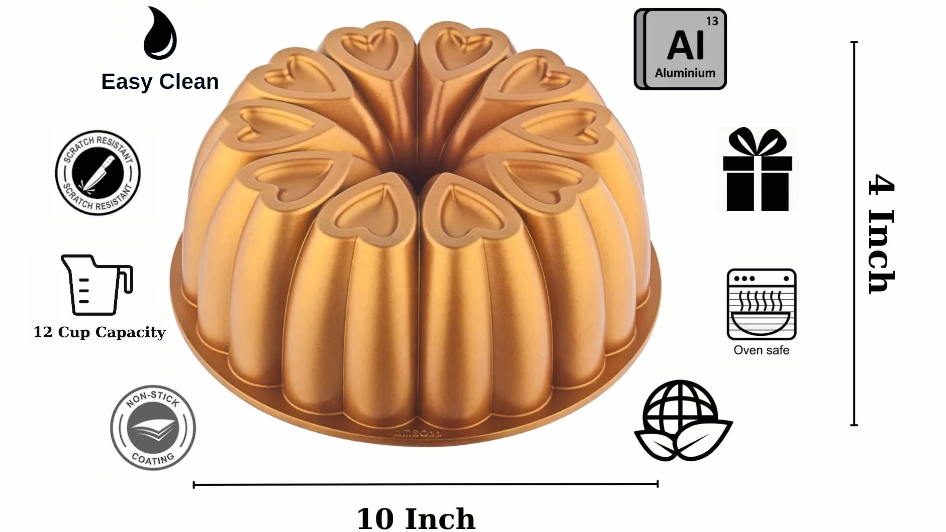 Molde para tartas antiadherente, forma de corazón, molde para hornear de 10 pulgadas, molde de tubo estriado de aluminio fundido, fácil de limpiar, resistente, revestimiento de titanio (dorado)