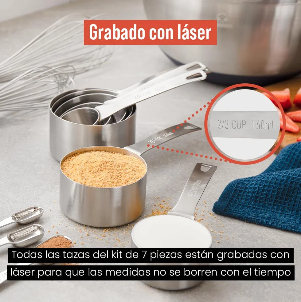Chef Pomodoro Tazas Medidoras Cocina Acero Inoxidable Juego 7 Piezas Apilables Mango Largo