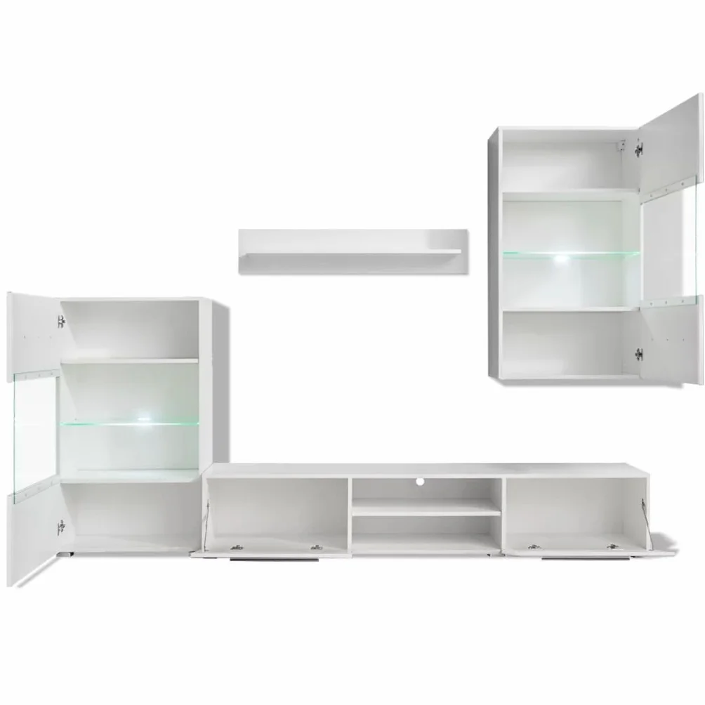 Gecheer Muebles de salón Moderno 5 Piezas con iluminación LED,Mueble salón Modular,Conjunto Completo Mueble TV,Mueble de TV Multifuncional,Modulos de Comedor,Armario de Almacenaje,Blanco