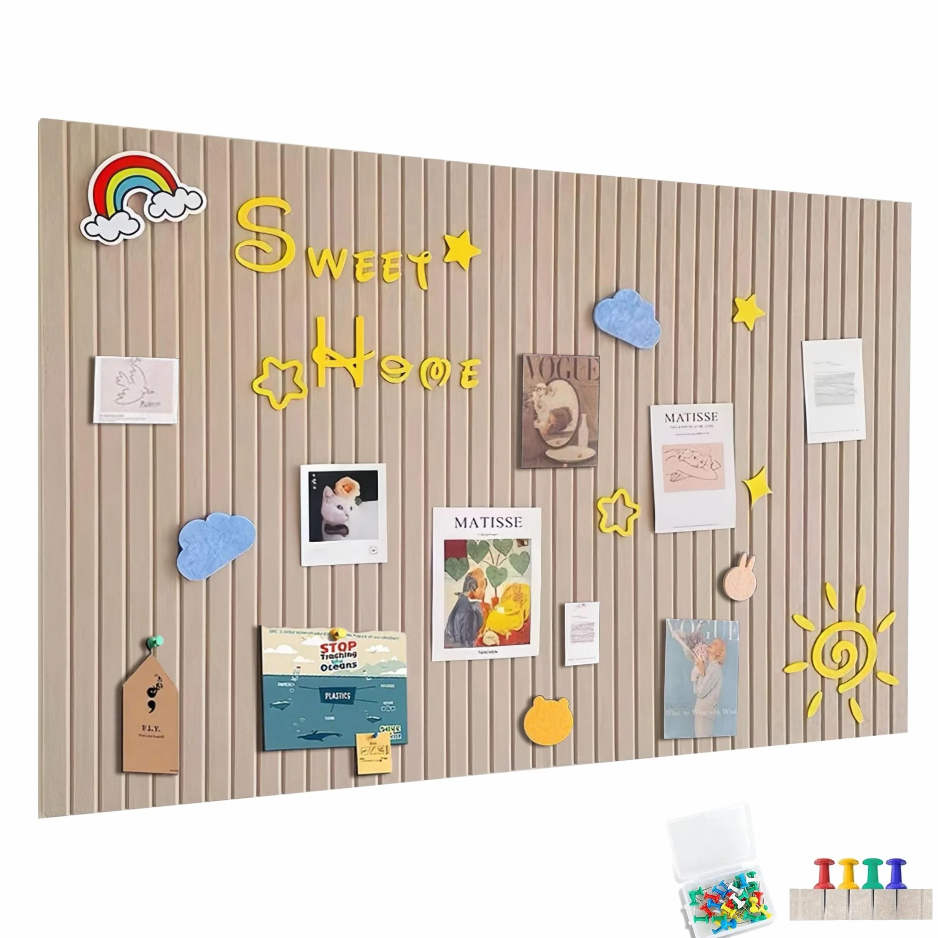 Gran tablero de anuncios adhesivo de fieltro 60 x 90 cm con 30 chinchetas - Decoración mural para oficina, cocina, fotos, notas, color camello oscuro