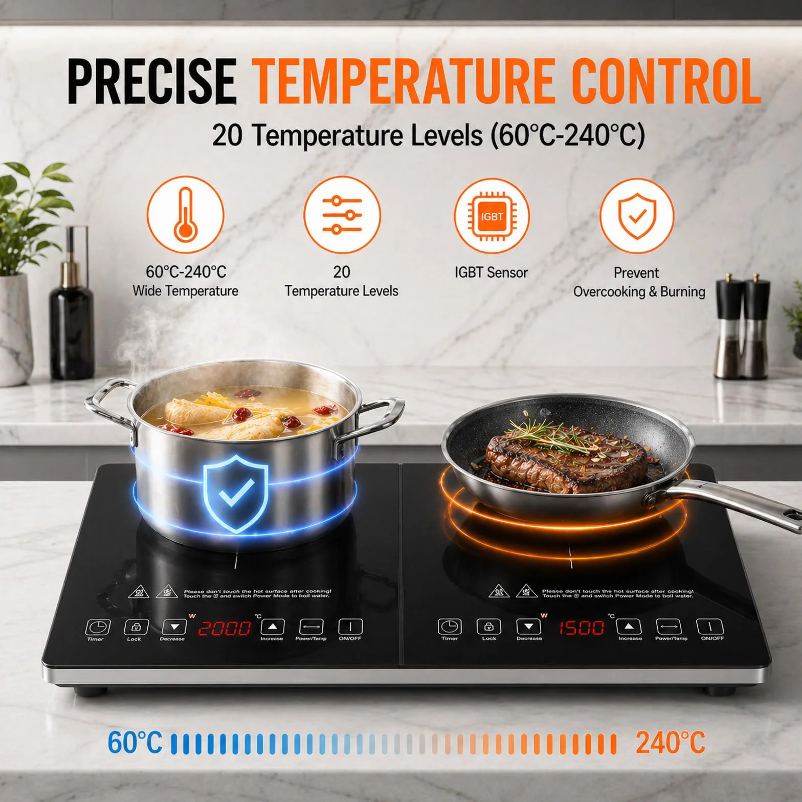 AMZCHEF Placa Inducción 2 Fuegos, Placa de Inducción Doble con Control Independiente, Bisel de Plata de Moda, 20 Niveles de Temperatura, Múltiples Niveles de Potencia, Temporizador de 3 Horas, 3500W