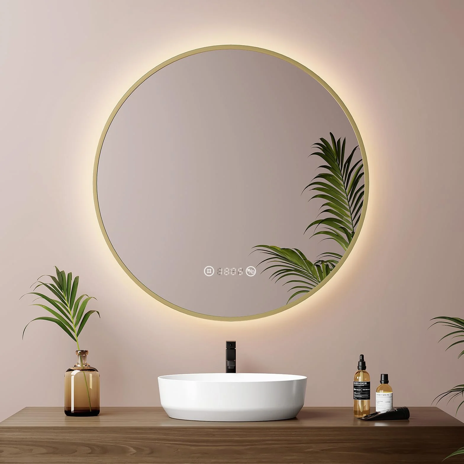 EMKE Espejo de Baño Redondo 60 cm,Marco Dorado Cepillado, Antivaho, Reloj, Temperatura, Espejo baño con luz 4300K, Apagado Automático 3 h, Memoria, IP65,Espejo LED baño