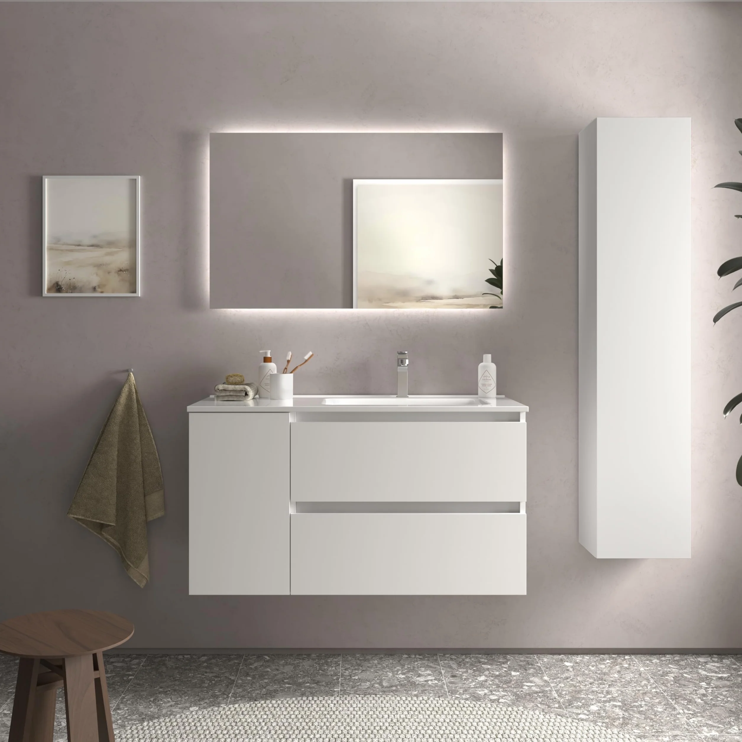 Mueble de Baño Bequia 90cm + Coqueta 1 Puerta Izquierda + Lavabo cerámica | Blanco Mate |90x45x56