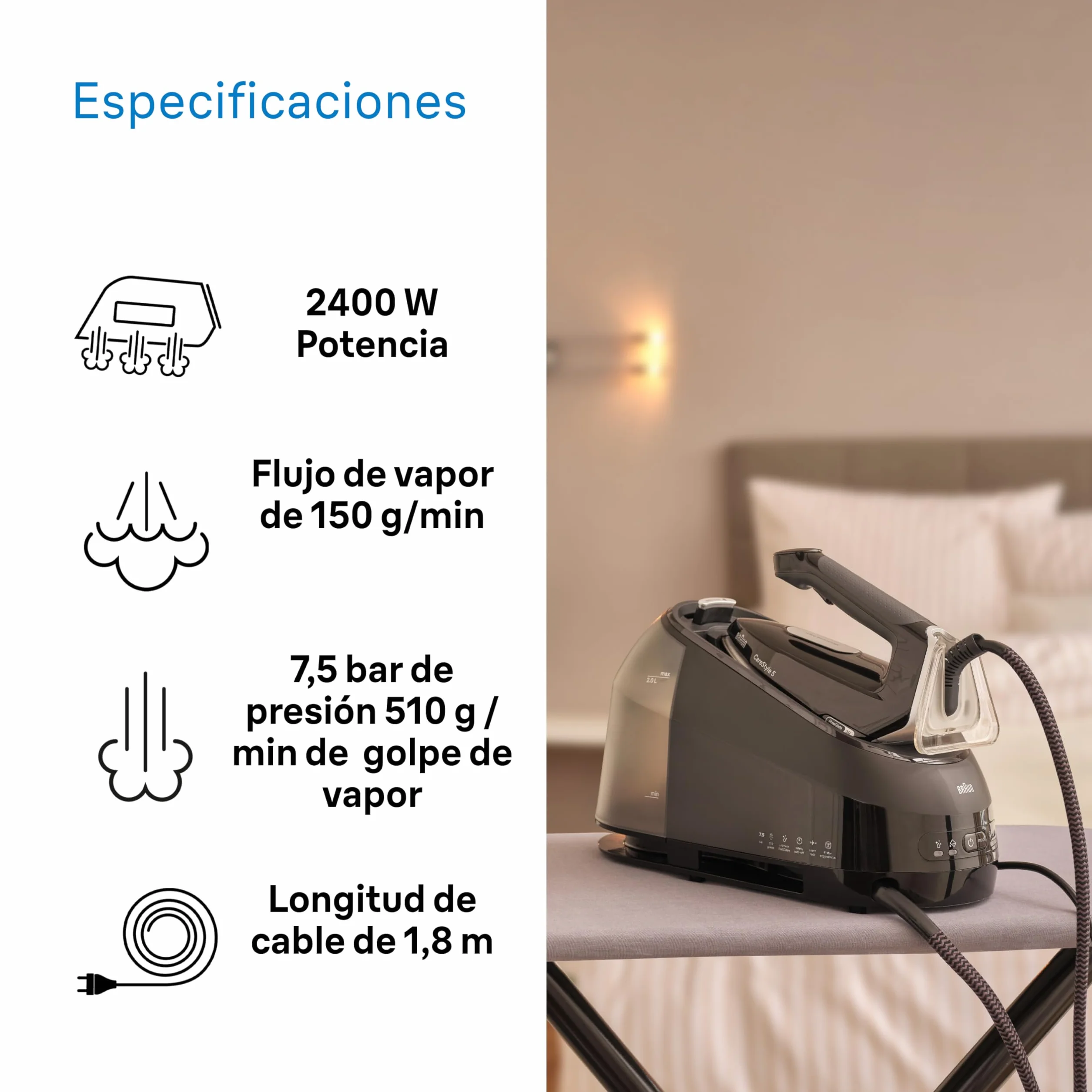 Braun CareStyle 5 IS5249BK, Plancha de Vapor con Tecnología FreeGlide 3D, 150 g/min de Vapor, Calentamiento Rápido, iCareMode, Planchado Vertical, Anti Goteo, Tanque Agua Desmontable 2L, 2400W, Negro