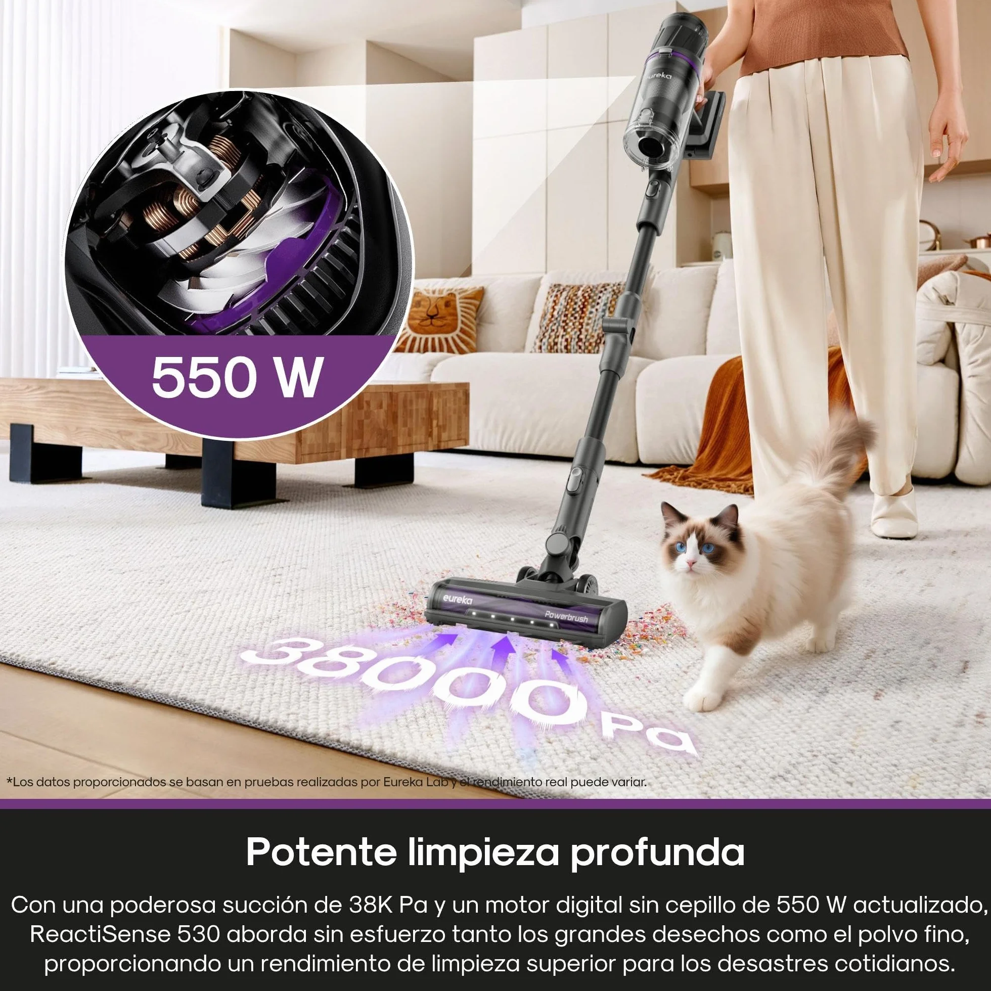 EUREKA ReactiSense 530 Escoba Aspiradora sin Cable 550W 38k Pa Aspirador Escoba Ligero con Tubo Plegable, Portatil y Versátil, 4 funciones en 1, Autonomía 60 min, Iluminación para Suelo Duro, Alfombra