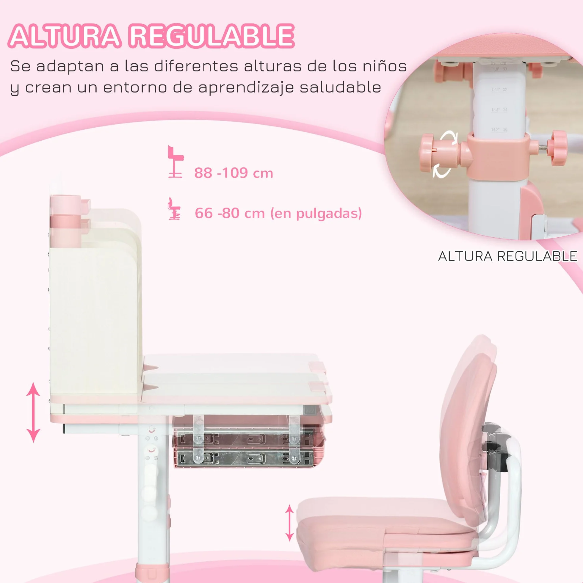 HOMCOM Pupitre Infantil Altura Ajustable con Cajón y Estante 80x52x88-109 cm Rosa y Blanco