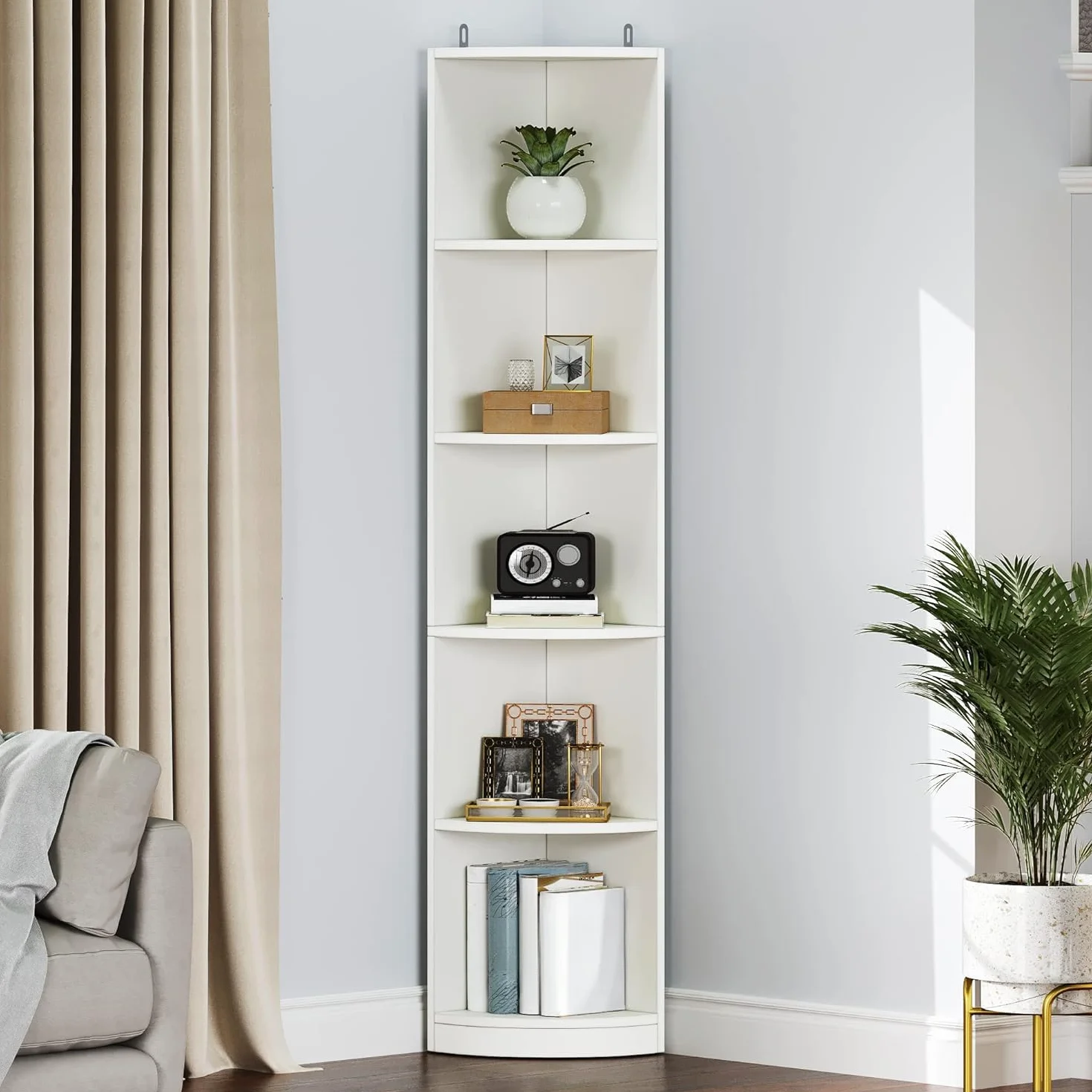 YITAHOME Estante de esquina de 5 niveles, estantería de esquina moderna de 70 pulgadas de alto, estantería de esquina de 5 estantes y estanterías, oficina en casa, color blanco