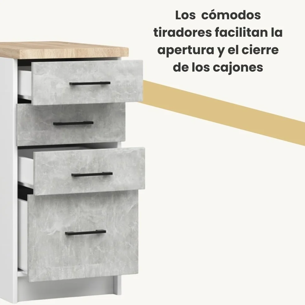 AKORD | Mueble de Cocina con encimera - Oliwia S40 | Mueble Base con 4 cajones | Mueble de Entrada | Aparador | Isla | Armario | 46 x 40 x 85 cm | Blanco | Cemento
