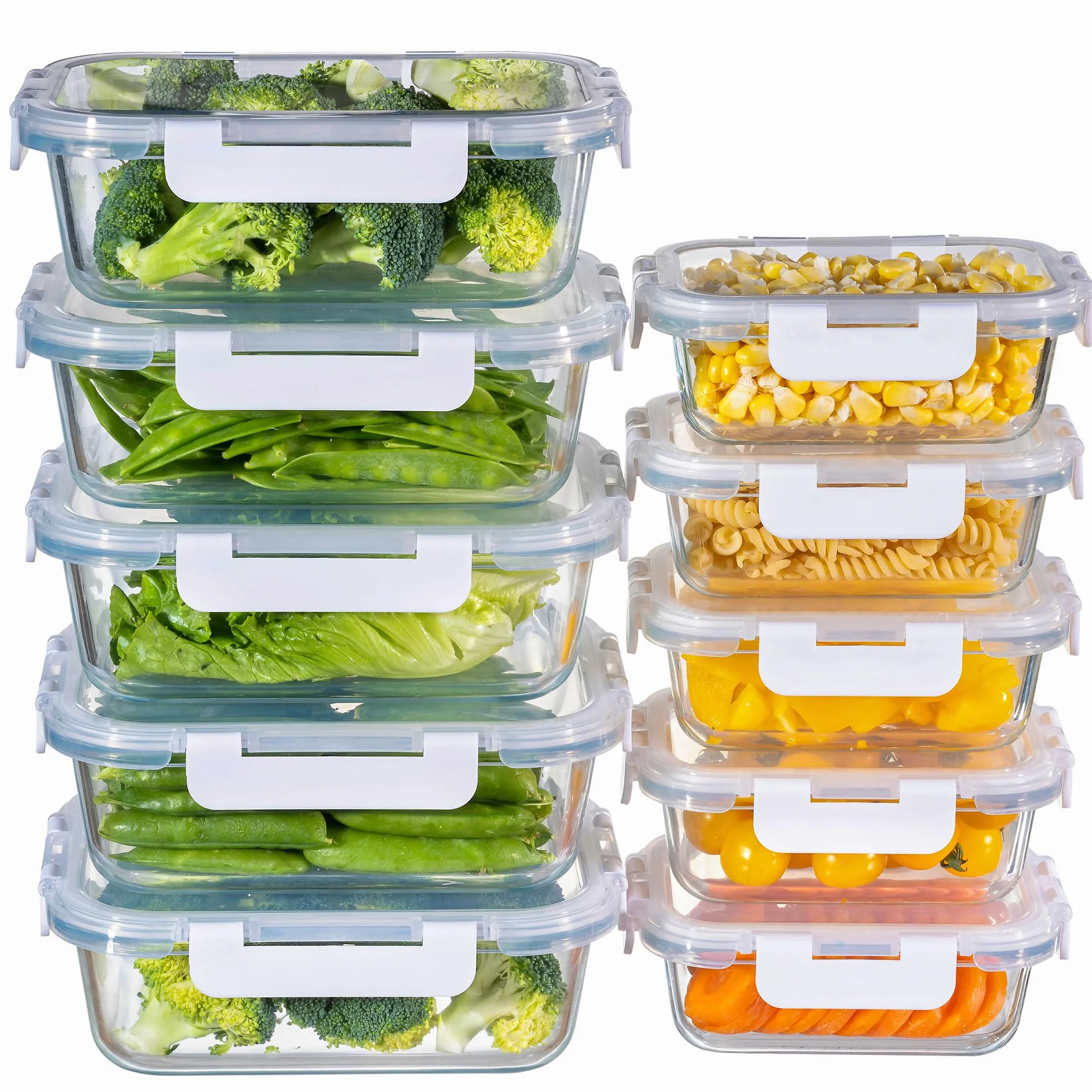 MFY Juego de 10 recipientes de cristal con tapa, herméticos, aptos para microondas, horno, congelador y lavavajillas, color blanco