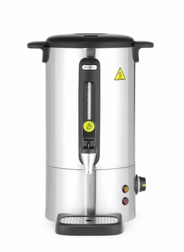 HENDI Hervidor de agua eléctrico 9L, dispensador de bebidas calientes, termo de una pared para vino, té, hasta 100°C, 230V, 50/60Hz, 950W, 307x330x(H)450mm, acero inoxidable satinado, PP