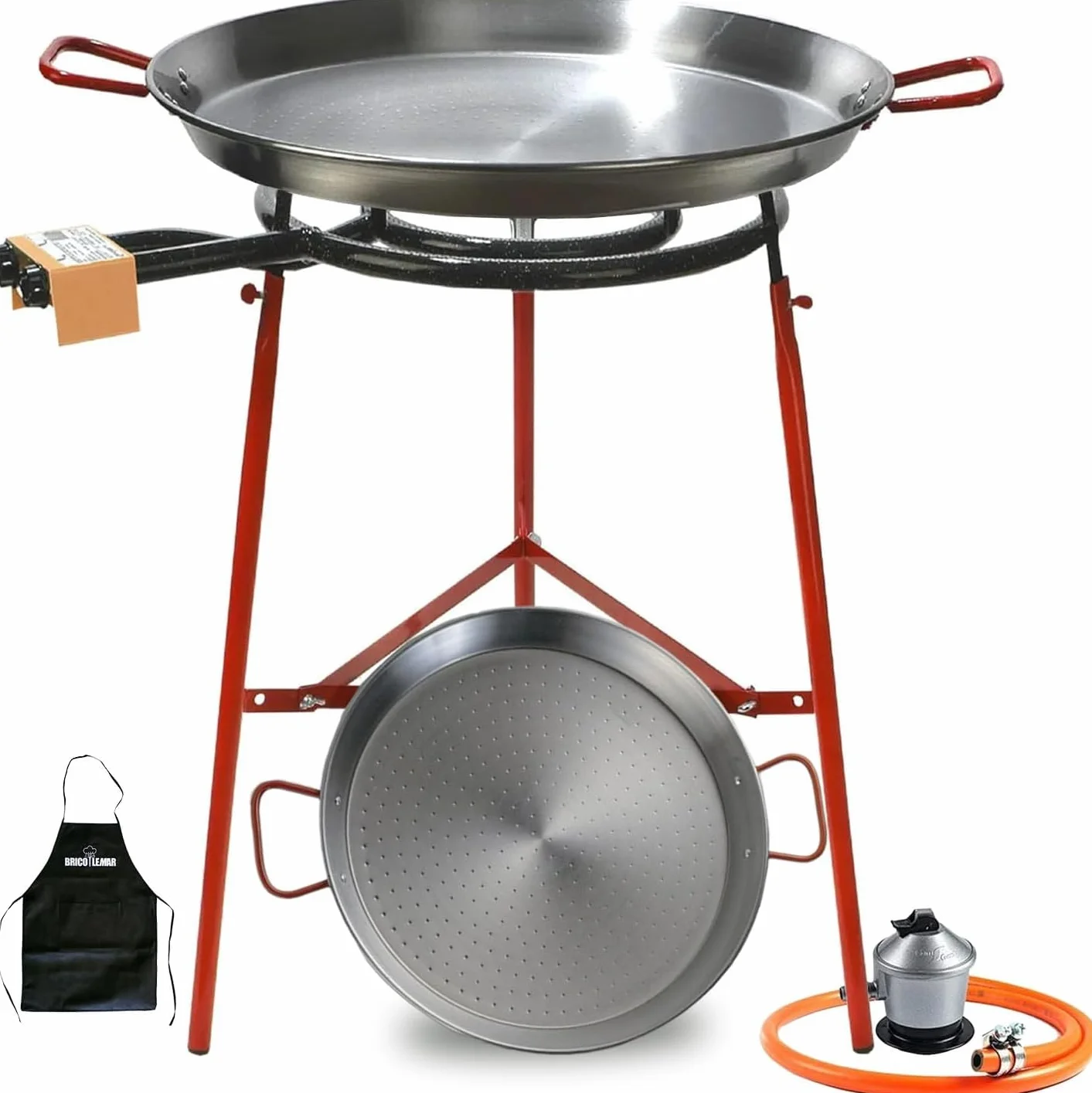 Paellero a Gas 50 cm + Kit Completo (Paellera 60 cm + Paellera de 42 cm + Patas Reforzadas + Regulador + Manguera + Delantal)