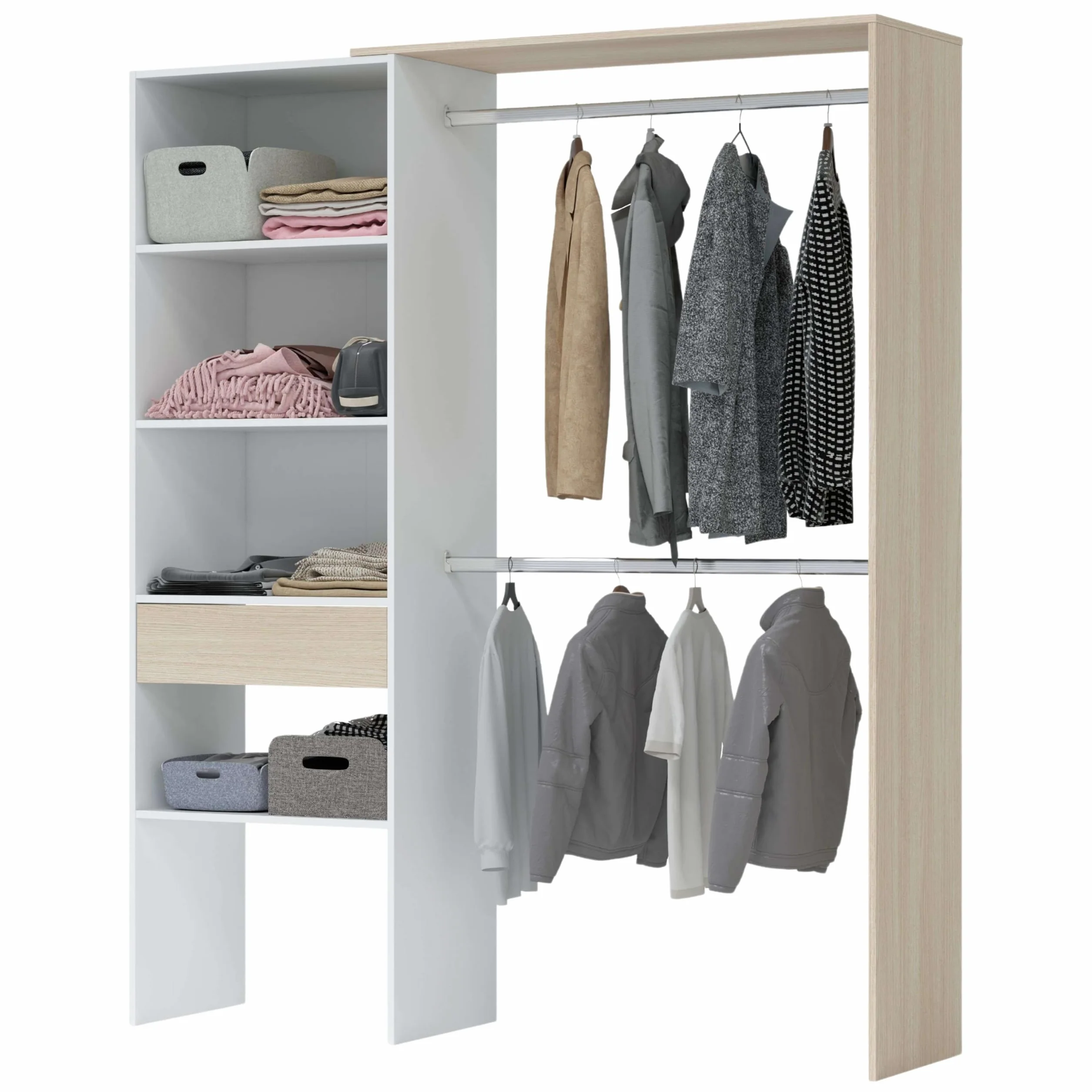 Habitdesign Armario Vestidor, Armario 2 Barras 4 Estantes 1 Cajón, 187x158x40 (AltoxAnchoxFondo - en cm), Vestidor Reversible Color Blanco Artik y Roble