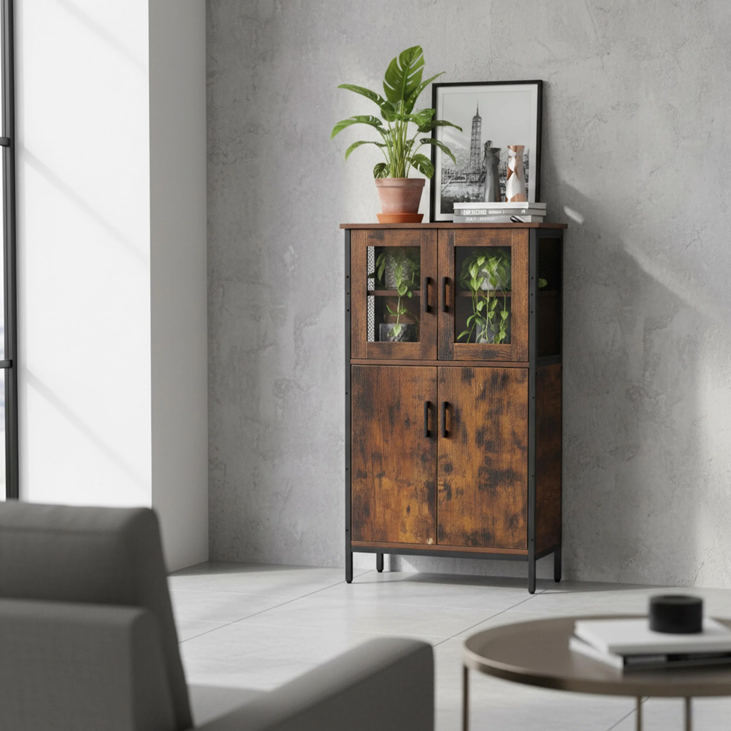 Relaxdays Armario Alto de Cocina Industrial con Puertas de Cristal, Vitrina Estrecha 108x60x30 cm, Madera Marrón