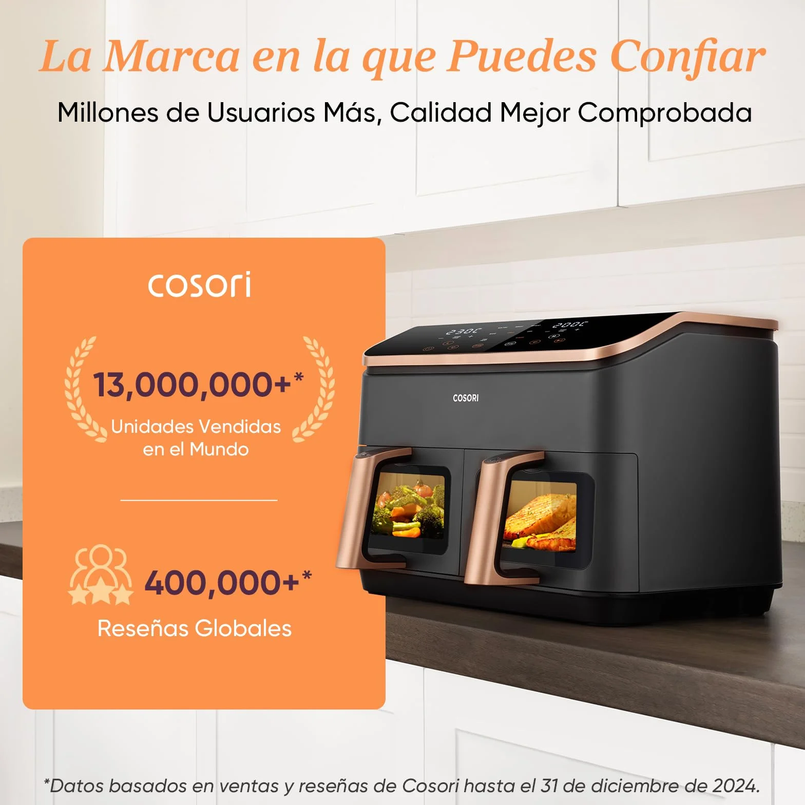 Cosori Freidora de Aire 8,5L, Doble Cesta con Ventana, 10 Funciones, Oro | Ventana para Ver Fácilmente, Interior Metálico Más Seguro, 2 Platos a la Vez, Alta Potencia y 55% de Eficiencia, Bajo Ruido