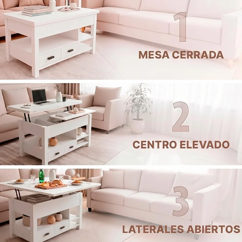 Marctani Mesa de Centro elevable 3 en 1 - Mesa de Centro Blanca con Almacenamiento Oculto y 2 Cajones, Mueble de Salón Extensible en Madera MDF para Escritorio y Comedor
