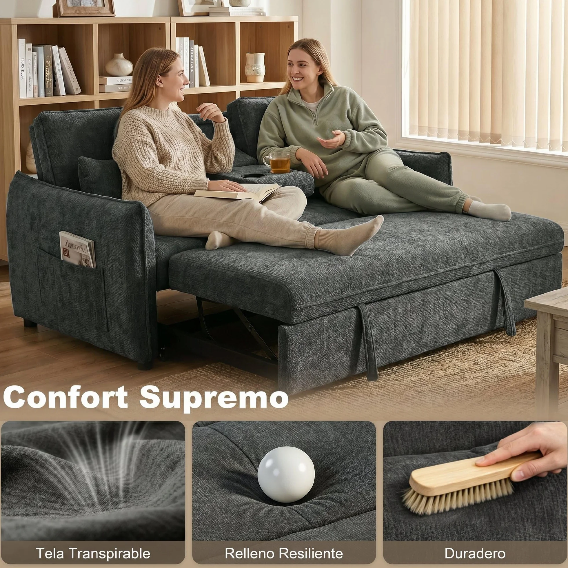HOMCOM Sofá Cama 2 Plazas 3 en 1, Sofá Cama de Chenilla con Mesa Auxiliar, Portavasos, Respaldo Ajustable, Bolsillos Laterales, 2 Almohadas para Sala de Estar, Espacios Pequeños, Gris Oscuro