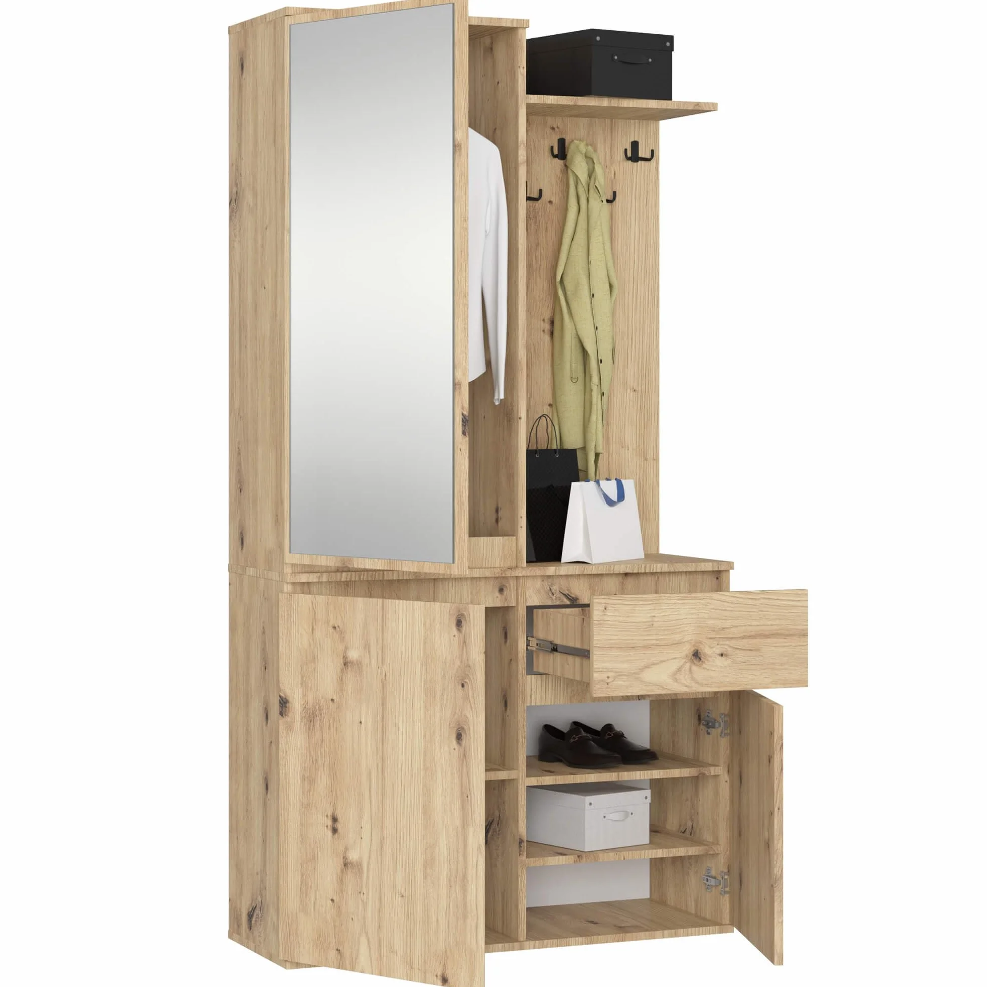 AKORD Mueble Recibidor con Espejo - 95 cm 3 Puertas, 1 Cajón, 7 Estantes para Zapatos y Bolsos - Entraditas Recibidores Modernas y Estilo Industrial - Roble Artesanal