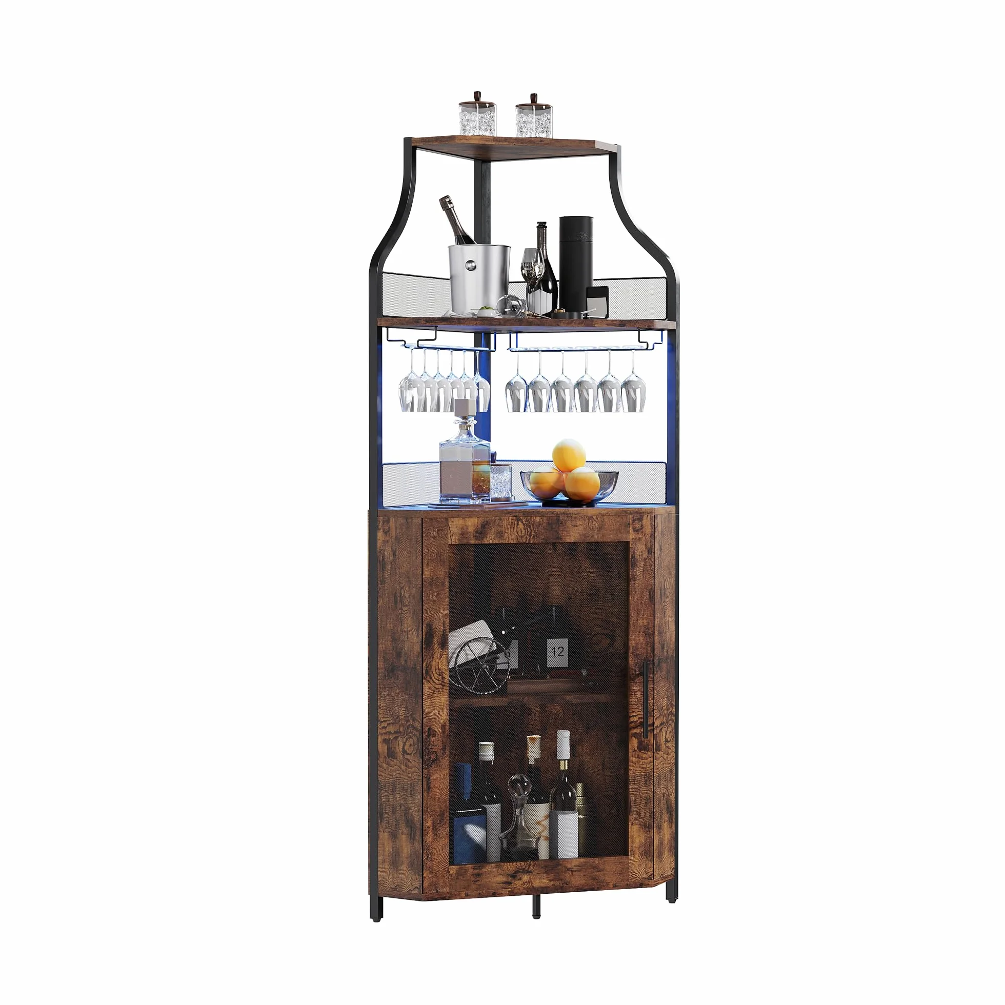 GarveeHome - Mueble esquinero para barra de vino con iluminación LED, 5 pisos ajustables y soporte para vasos integrados, ahorro de espacio de 35 cm para espacios reducidos (estilo loft retro
