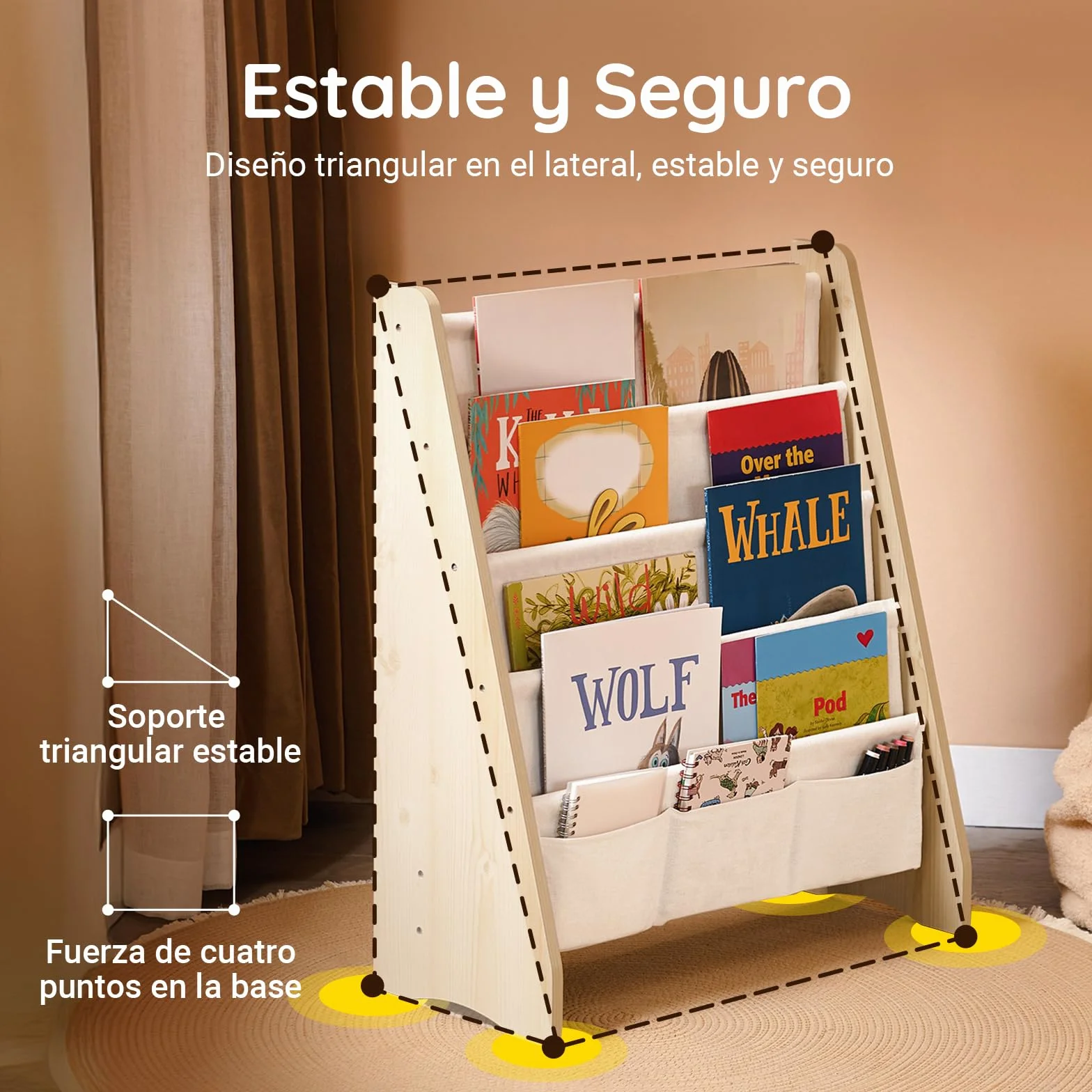 SoBuy Estantería Libros Infantil Montessori 4 Estantes 3 Bolsillos Tela Biblioteca Almacenaje 63x28x76cm