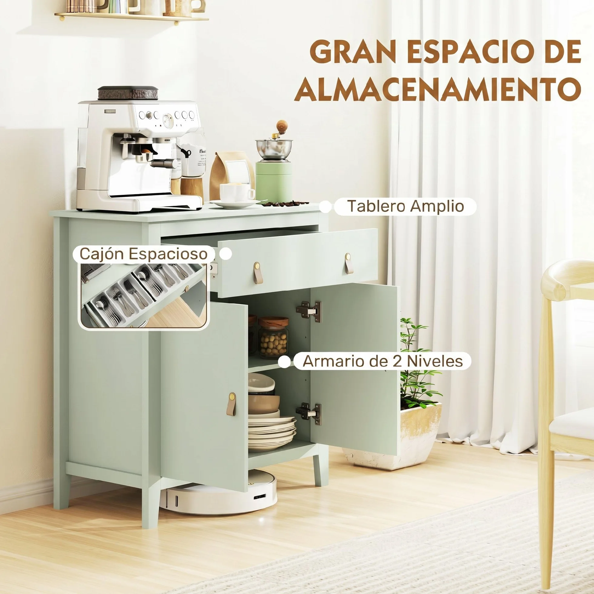 HOMCOM Aparador de 2 Puertas Moderno con Cajón Estante Ajustable 80x40x90 cm Verde Claro