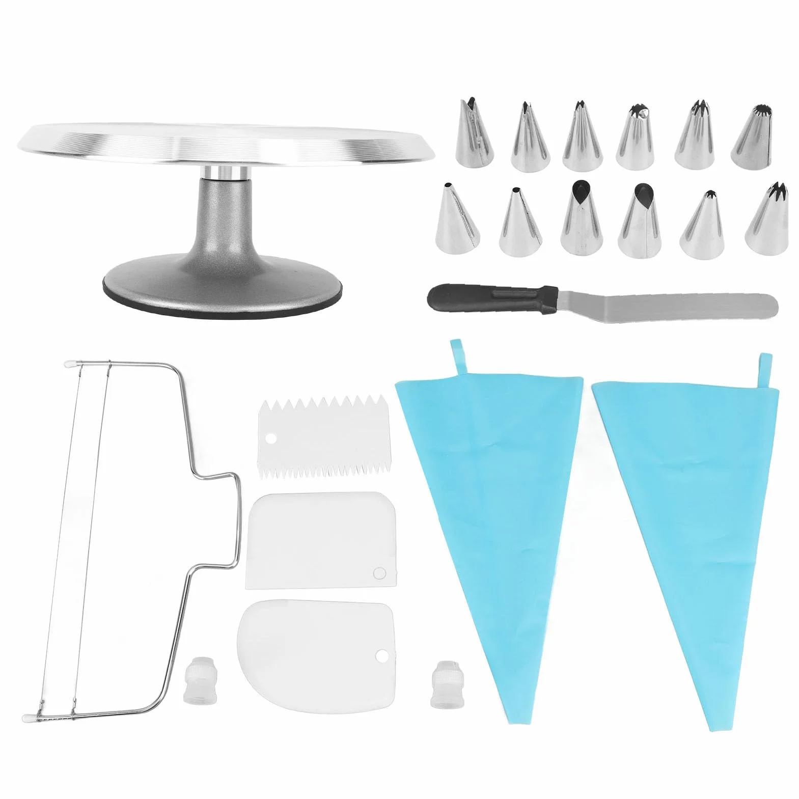 AMONIDA Kit de Decoración de Pasteles de 22 Piezas con Plato Giratorio de Aleación de Aluminio de 12 Pulgadas Ideal para Panaderos Profesionales y Domésticos Incluye Herramientas Esenciales para