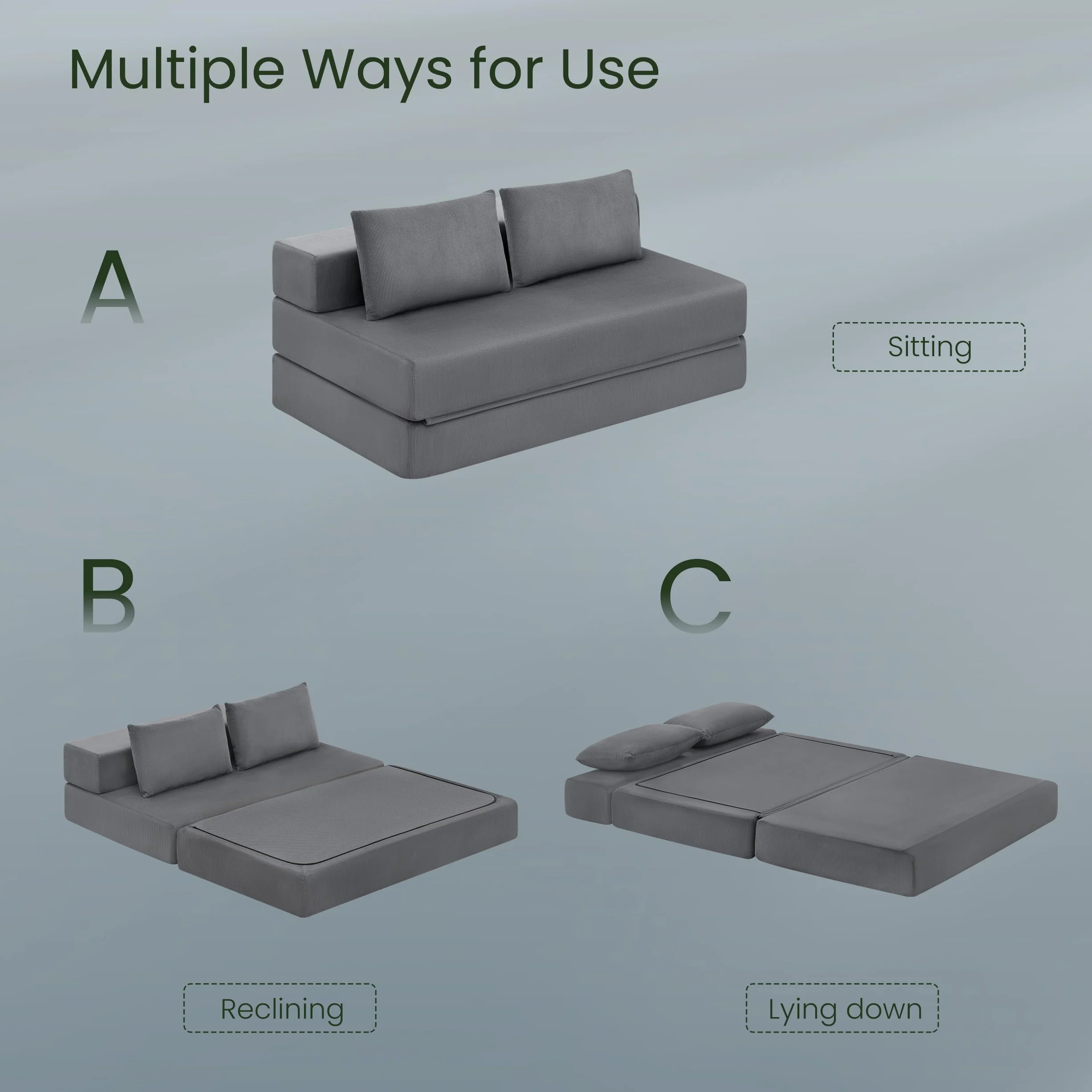 EUGAD Sofá Cama 2 Plazas con Cojines Mullidos, Puff Cama Plegable para 2-3 Personas, Sofa Plegable de Esponja de Densidad y Tejido de Pana, para Salón, Dormitorio, Lofts, Gris Oscuro