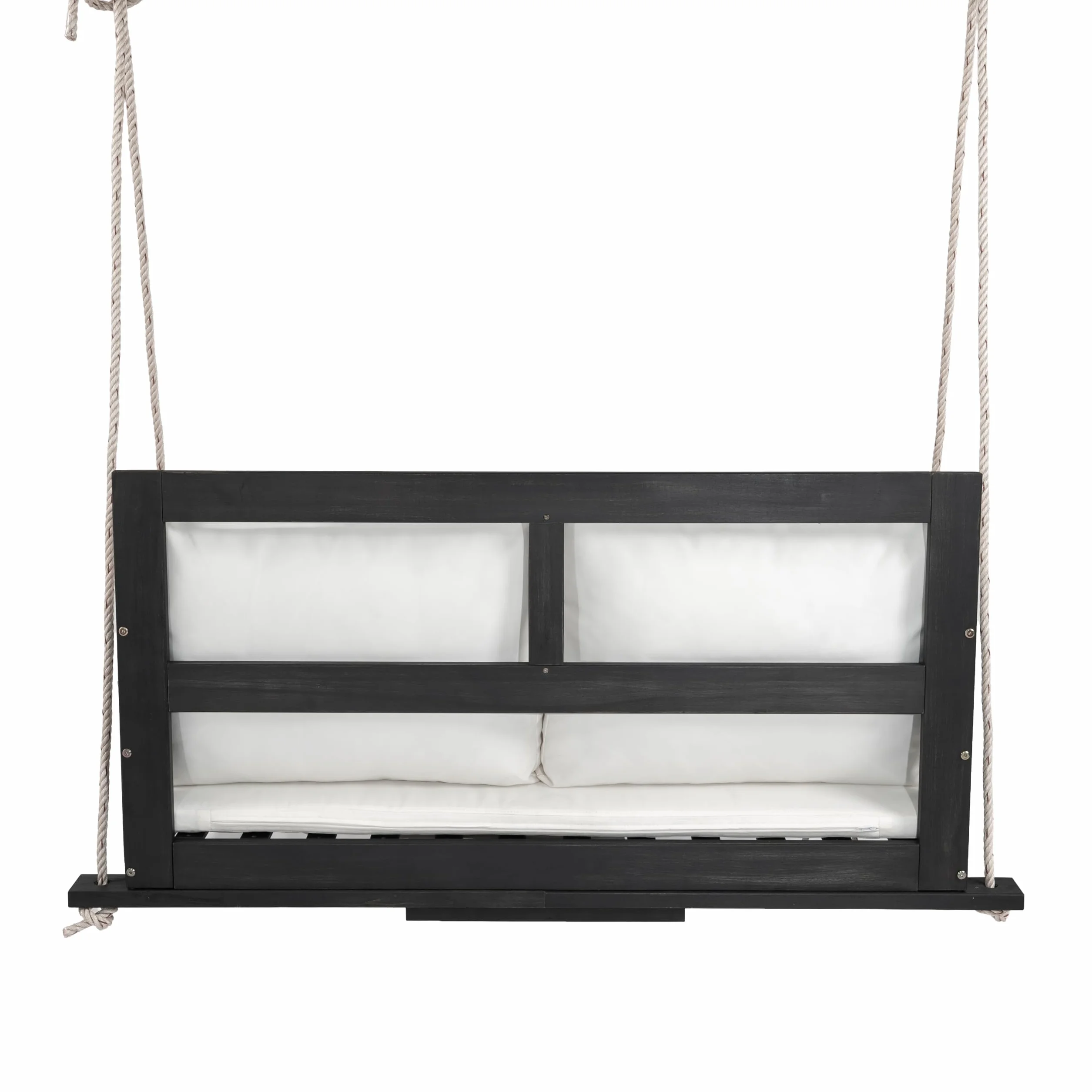 Columpio doble para jardín al aire libre, incluye cojín extraíble lavable y dos cuerdas, de madera de acacia, color negro y beige