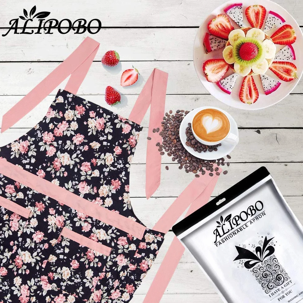 Bonito delantal de algodón para mujer, con correa ajustable para el cuello, 2 bolsillos y lazos de 41.5 pulgadas de largo, bonito delantal para cocina y repostería en casa, 30 x 27 pulgadas, 1